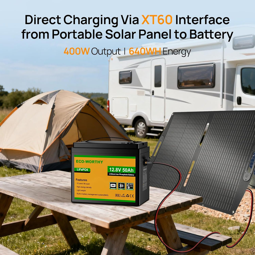 ECO-WORTHY 12V 50Ah LiFePO4 Lithium Battery with 100W Portable Solar Panel, Bluetooth 5.0, Low Temp Protection, Connects to Car Power Inverter for RV Road Trip Camping Hiking Marine Off Grid Travel