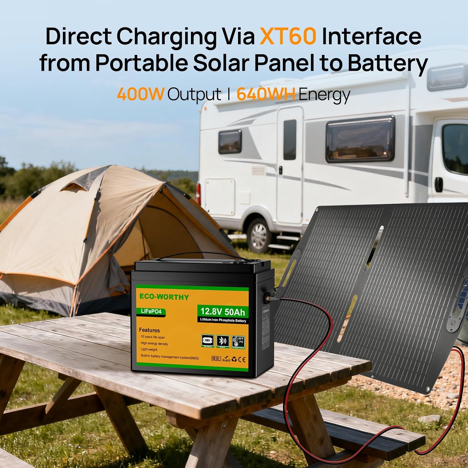 ECO-WORTHY 12V 50Ah LiFePO4 Lithium Battery with 100W Portable Solar Panel, Bluetooth 5.0, Low Temp Protection, Connects to Car Power Inverter for RV Road Trip Camping Hiking Marine Off Grid Travel
