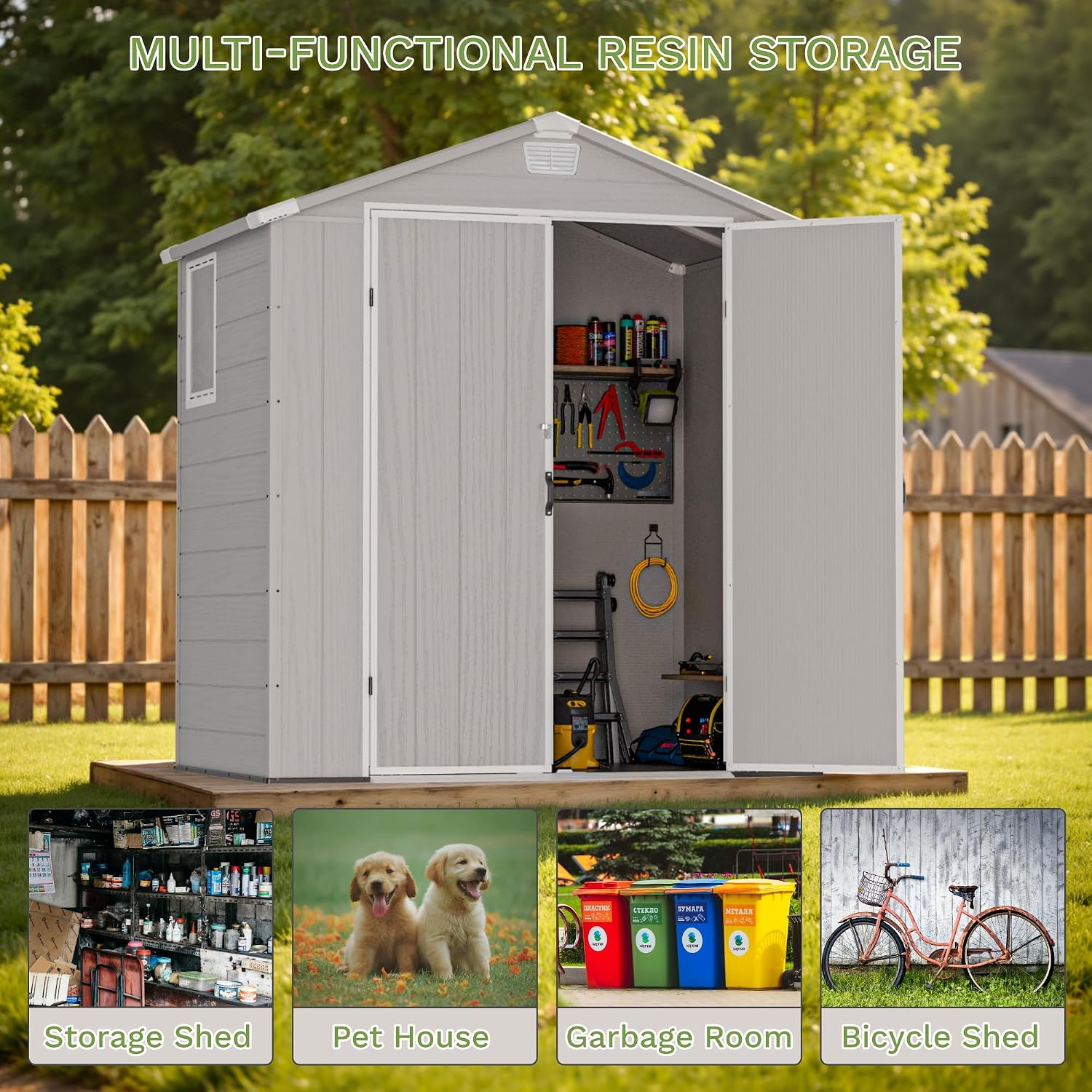 Greesum 6x4FT Plastic Outdoor Storage Shed with Floor, Resin Sheds with Lockable Double Door, Tool Sheds with Window and Vents, for Garden, Patio, Backyard, Light Gray
