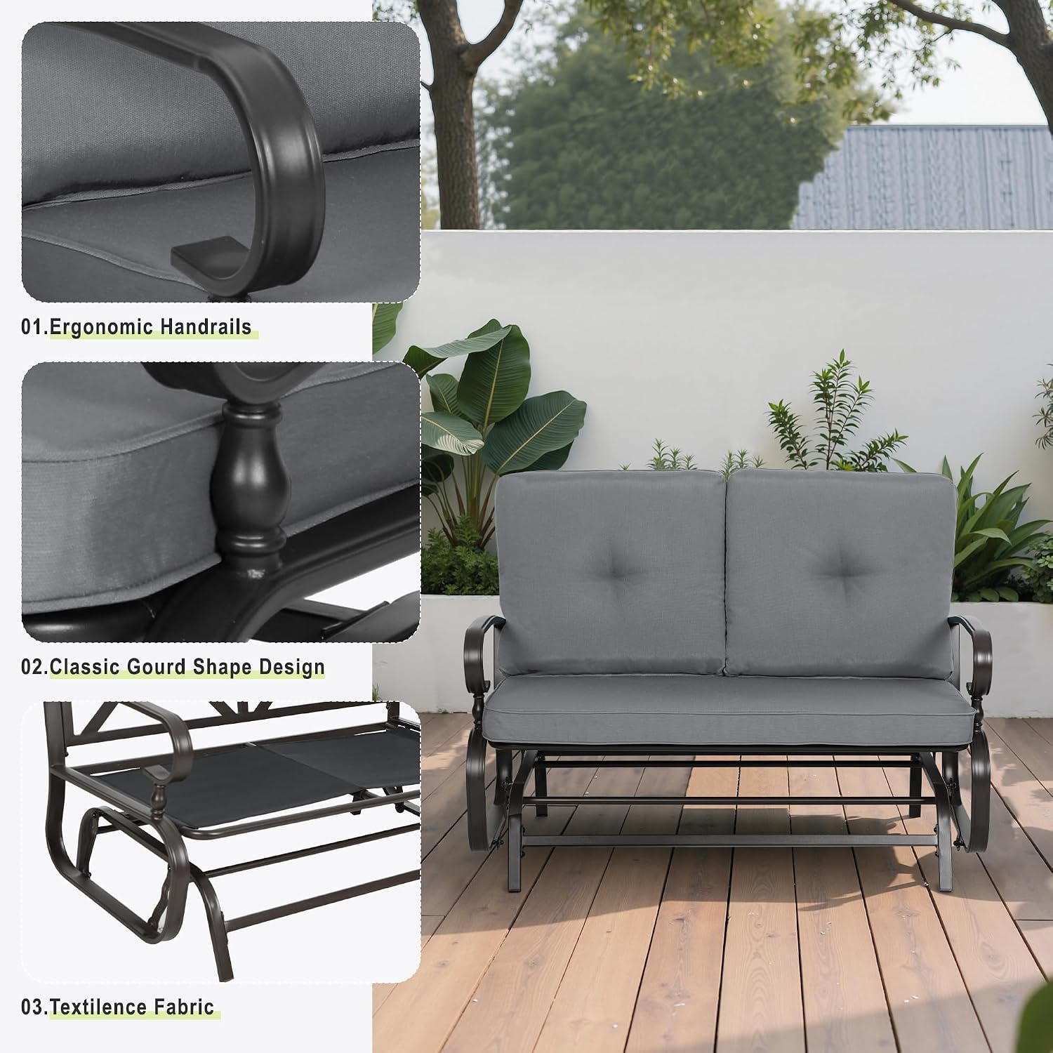 SUNCROWN Outdoor Swing Glider Chair, Patio 2 Seats Loveseat Rocking Chair with Cushions, Steel Frame Furniture Garden Seating with Cushion - Grey