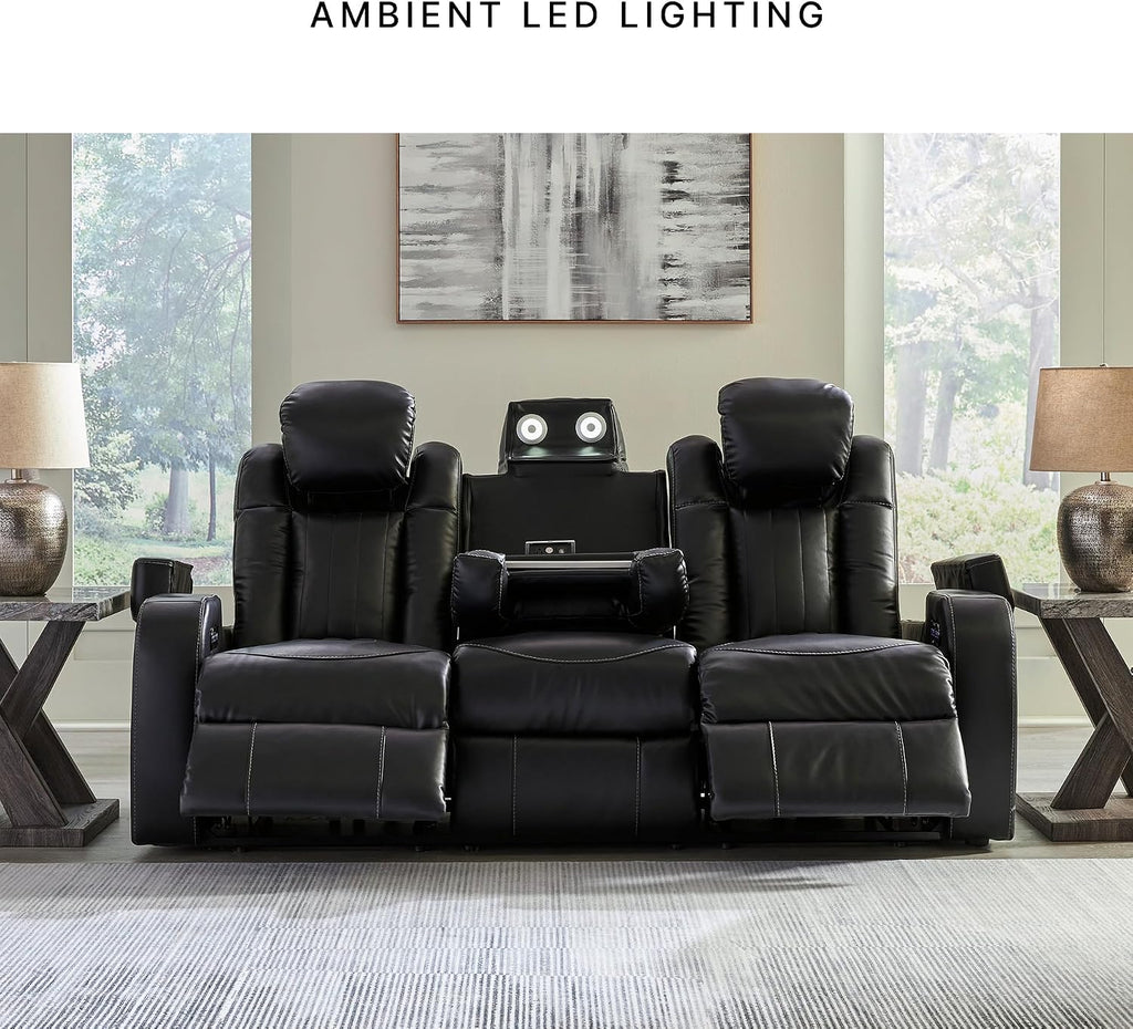Signature Design by Ashley Caveman Den Modern Faux Leather Power Reclining Sofa with Adjustable Headrest, Drop Down Table, Electrical Outlets and LED Reading Lights, Black