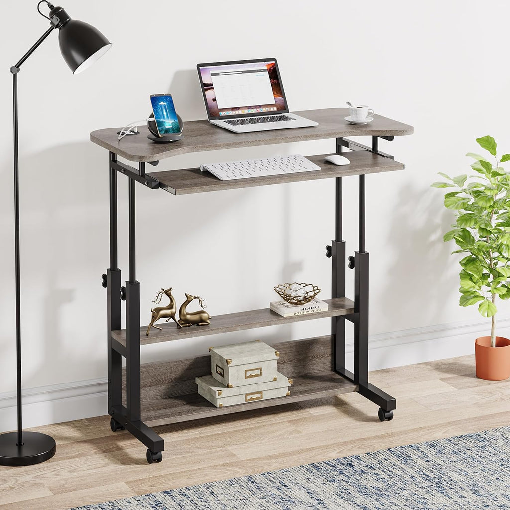 Tribesigns Portable Desk with Power Outlets, Height Adjustable Side Table Sofa Couch Bedside Laptop Computer Cart with USB Charging Ports, Mobile Small Standing Desk with Keyboard Tray