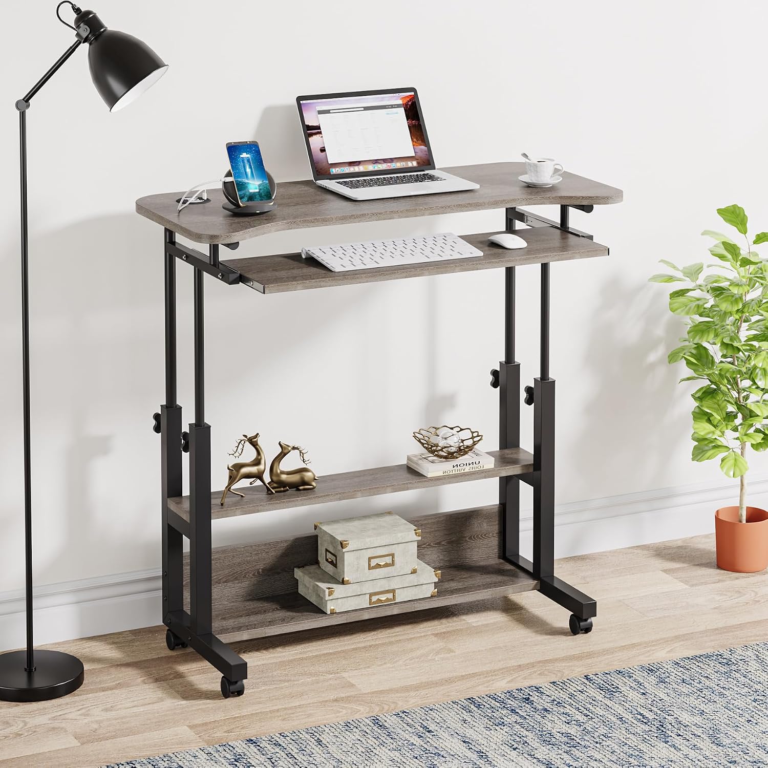 Tribesigns Portable Desk with Power Outlets, Height Adjustable Side Table Sofa Couch Bedside Laptop Computer Cart with USB Charging Ports, Mobile Small Standing Desk with Keyboard Tray