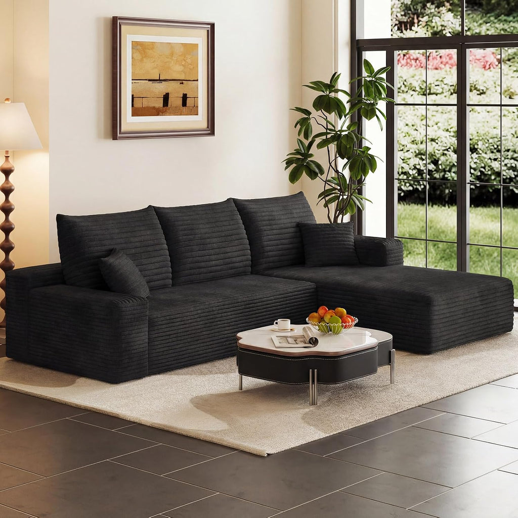 95' Cloud Sectional Couch with L-Shape Chaise, Modern Corduroy Boneless Couch for Living Room,Memory Foam Sofa with Deep Seat,No Assembly Required (Black,Right-Facing Chaise)