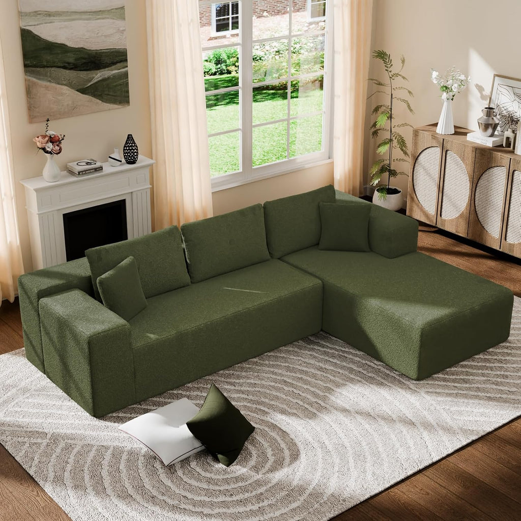 Cloud Wool Modular Sectional Sofa with Chaise, 106' L-Shaped Sofa Couch for Living Room, Deep Seat Plush Boneless Couches, Includes Pillows, Left Chaise, Green