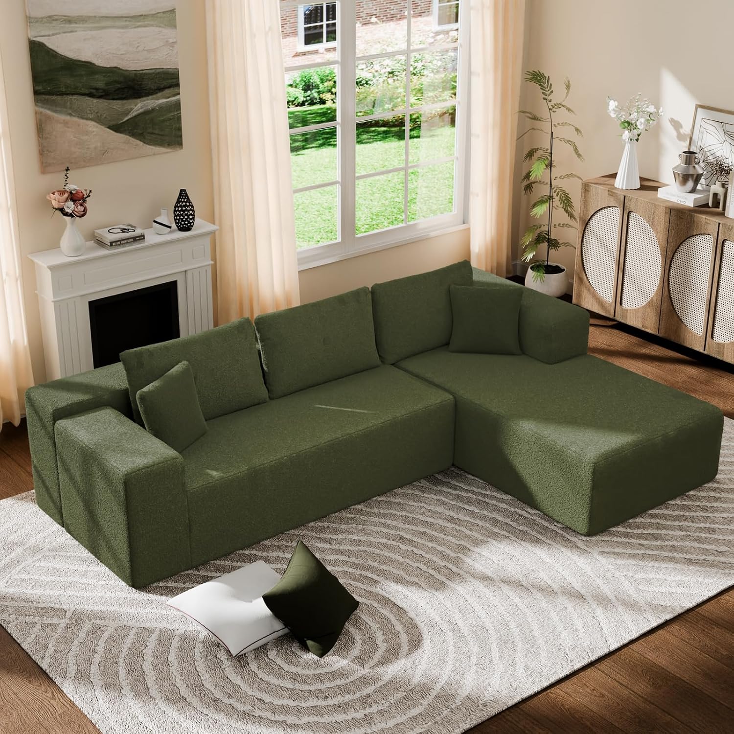 Cloud Wool Modular Sectional Sofa with Chaise, 106' L-Shaped Sofa Couch for Living Room, Deep Seat Plush Boneless Couches, Includes Pillows, Left Chaise, Green