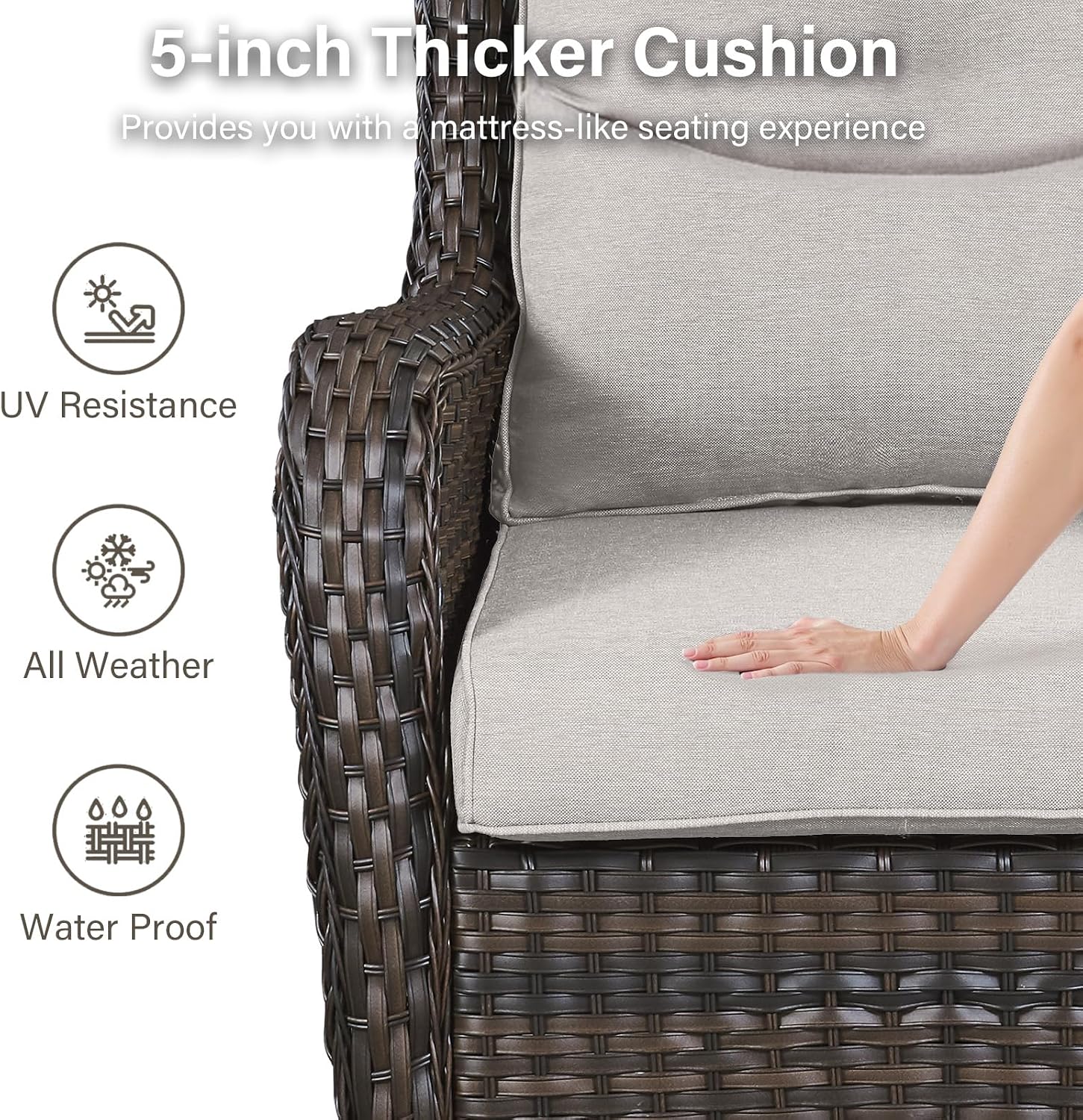 Outdoor Swivel Rocker Patio Chairs with 5' Thick Cushion - 3 Piece Wicker Bistro Set with Side Table, High Back Comfty Outdoor Glider Chairs for Balcony, Porch, Deck, Poolside - Brown/Beige
