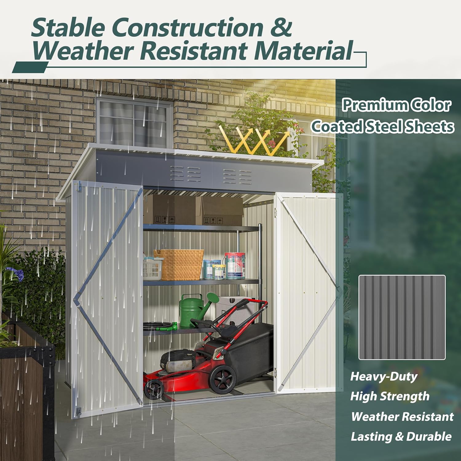 KEIKI Storage Shed 6x4 FT, Small Metal Tool Shed for Outdoor Storage, Galvanized Steel Garden Shed with Floor & Lockable Doors for Patio, Backyard, Lawn, Grey