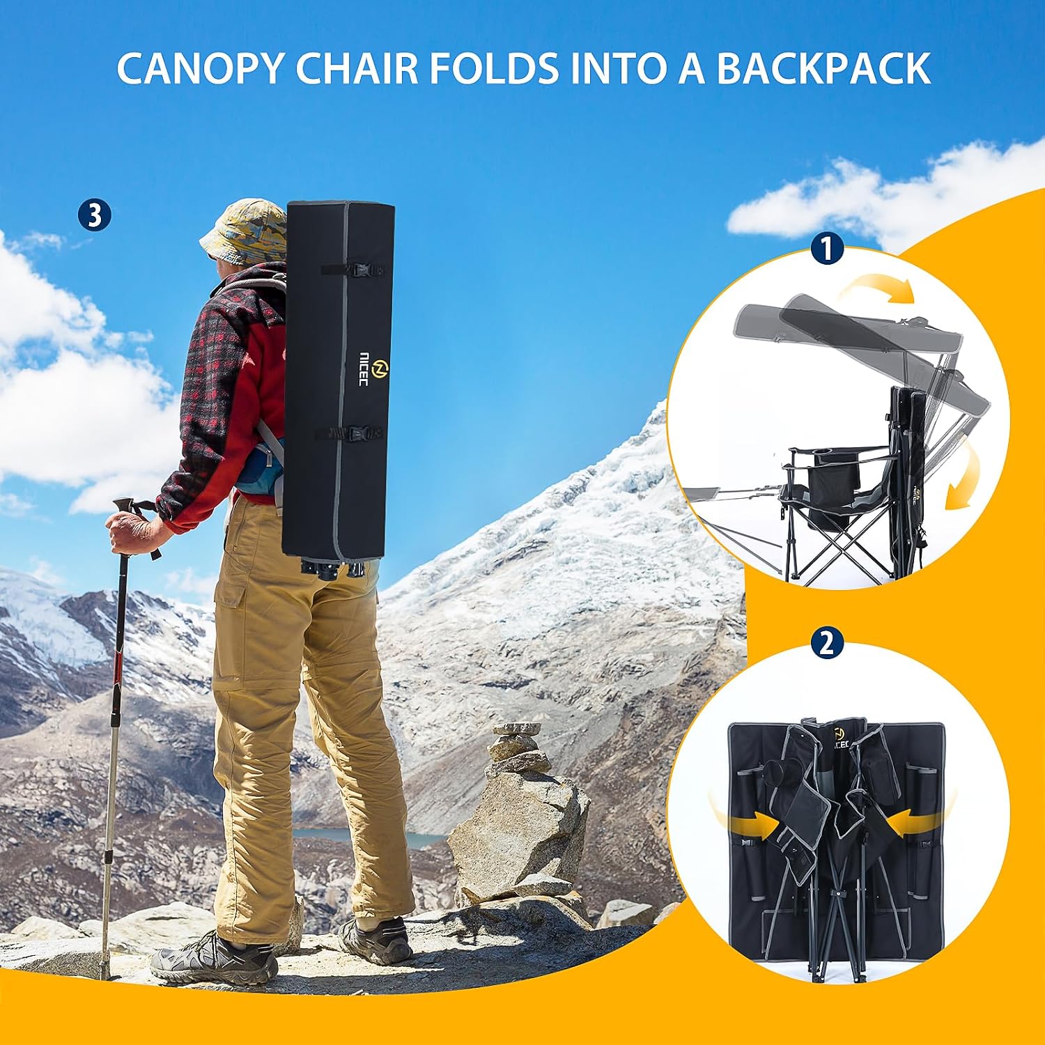Nice C Chair with Canopy, Heated Camping Chair with Battery, Outdoor Sports Chairs with Shade, Heated Folding Umbrella Lawn Chairs, with Removable Footrest (1-Pack)