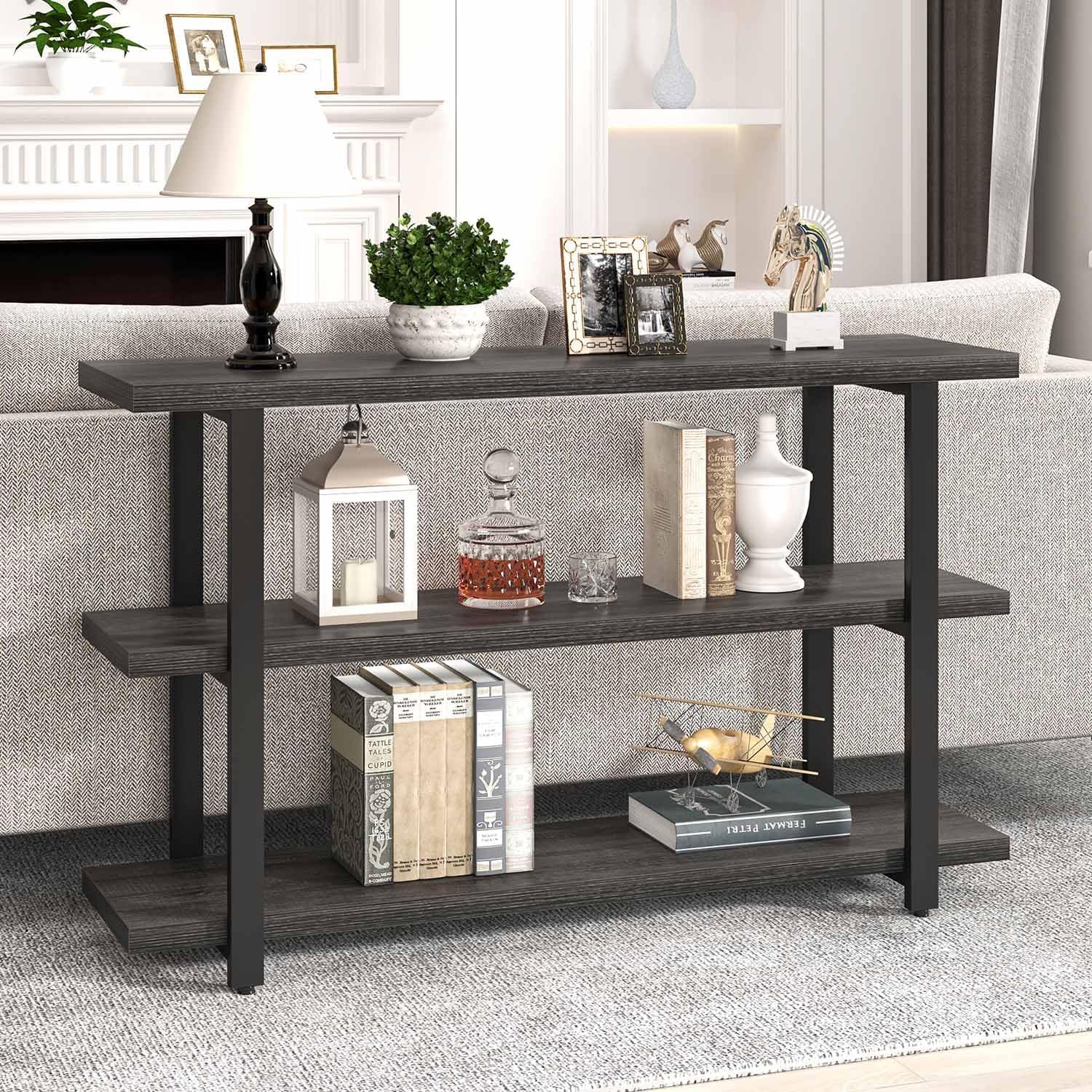 FOLUBAN Entryway Table, Wood Sofa Table with Storage Shelves for Living Room, Modern Console Table for Hallway, Entrance, or Behind Couch, Dark Gray, 47 Inch
