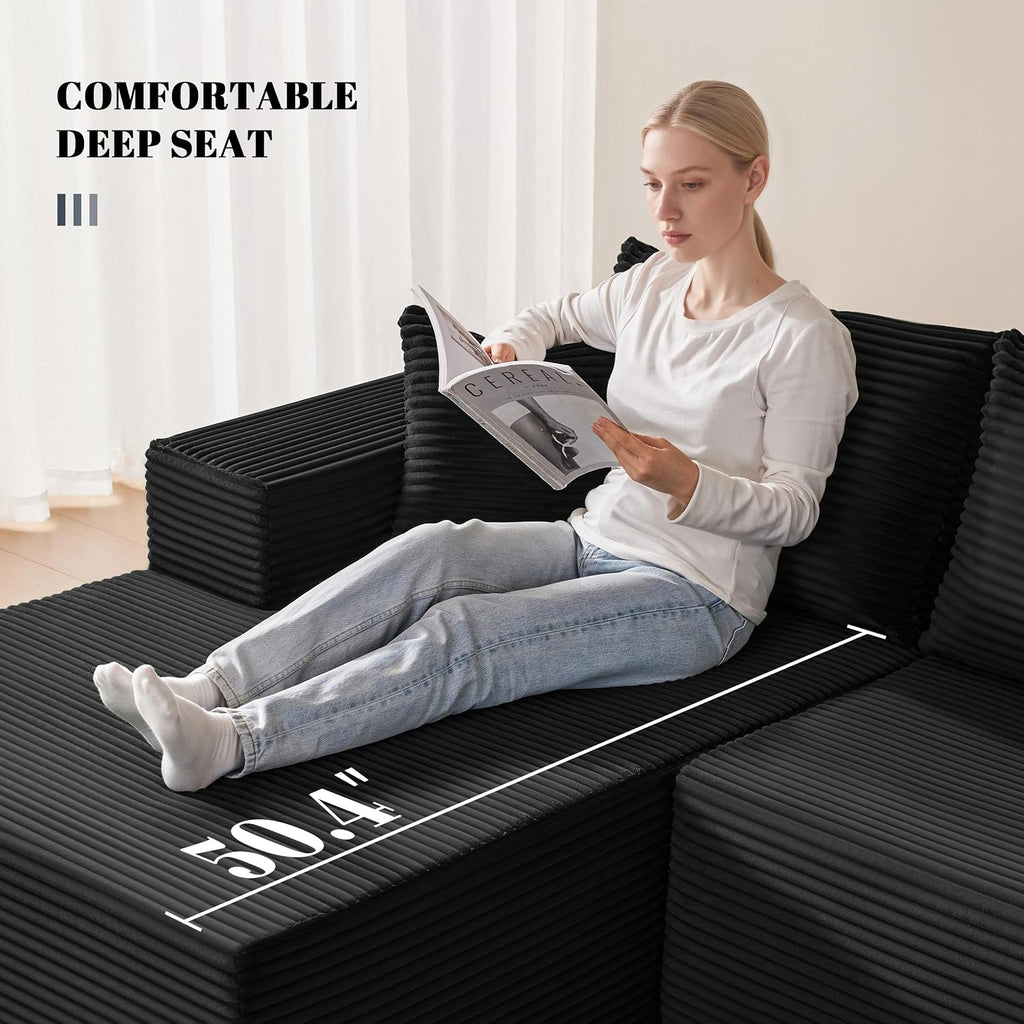 Mangodan 110' Cloud Sectional Couch, Modular Sectional Sofa with Deep Seat, Boneless Sofa for Living Room, Fluffy Comfy U-Shaped Couch with Left Facing Chaise, No Assembly Required, Black