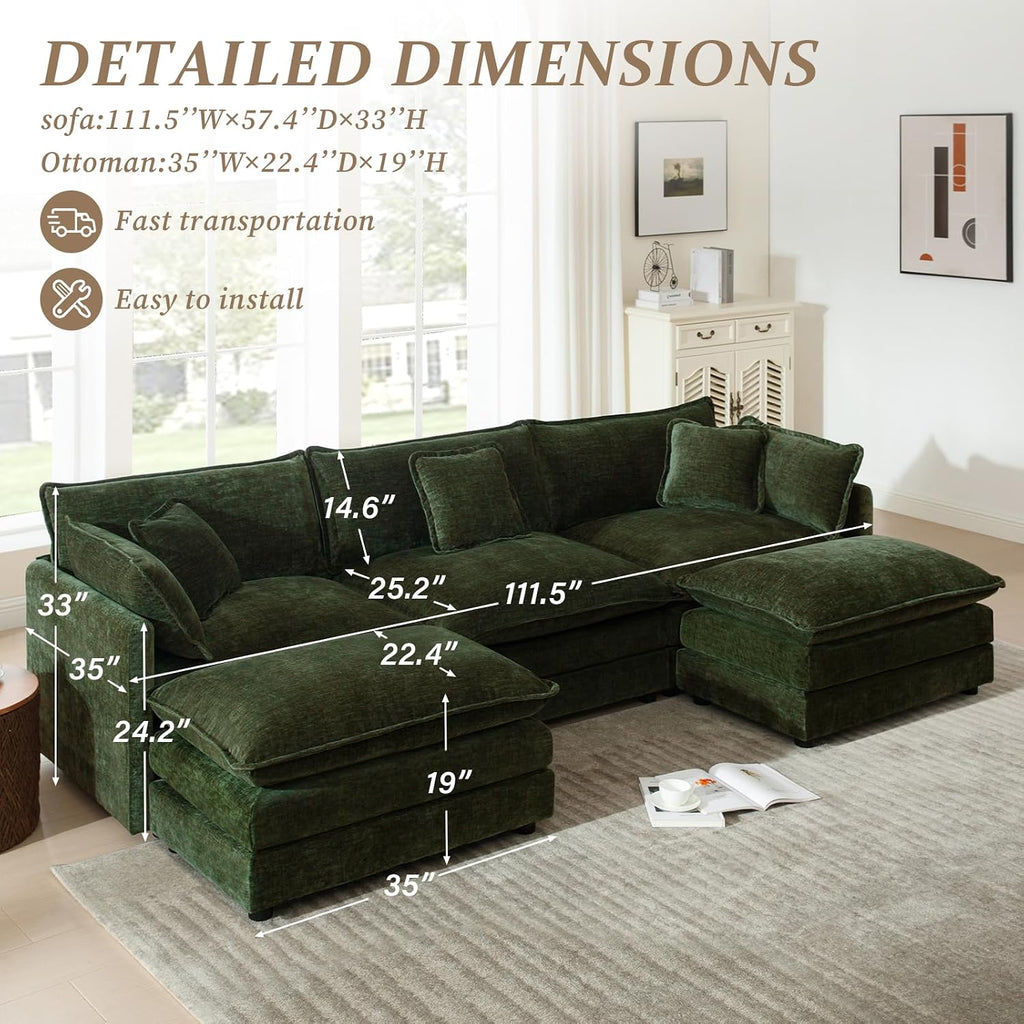 SoarFlash Chenille Sectional Sofa, Comfy L Shaped Modular Coush Sofa with Ottoman, Modern 3 Seat Couch Deep Seat Sofa Set for Living Room,Green