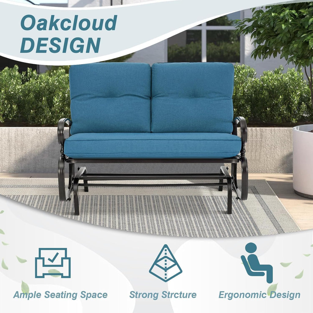 Outdoor Glider Rocking Bench 2 Person Patio Loveseat Steel Frame Furniture Set for Patio, Garden, Yard, Porch with Resistant Cushions (Peacock Blue)