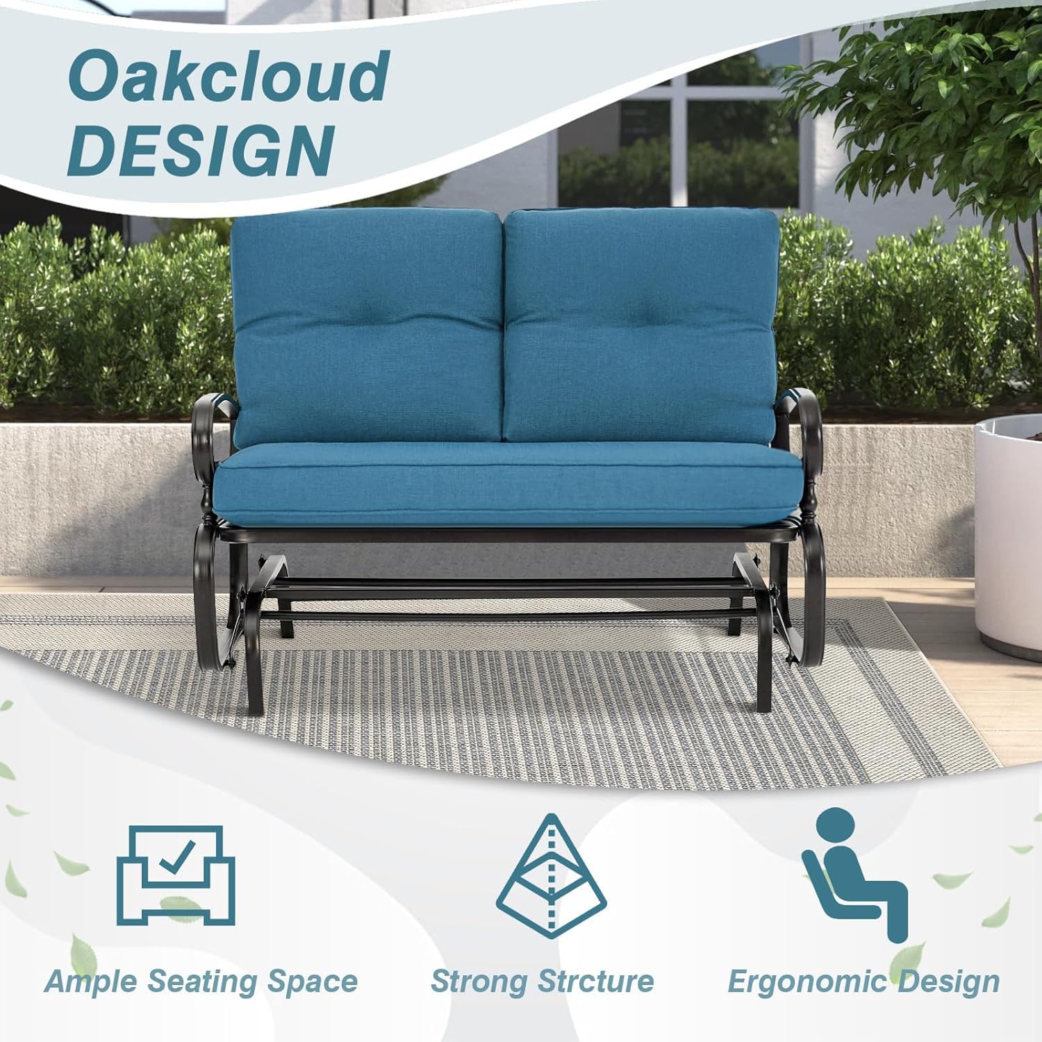 Outdoor Glider Rocking Bench 2 Person Patio Loveseat Steel Frame Furniture Set for Patio, Garden, Yard, Porch with Resistant Cushions (Peacock Blue)