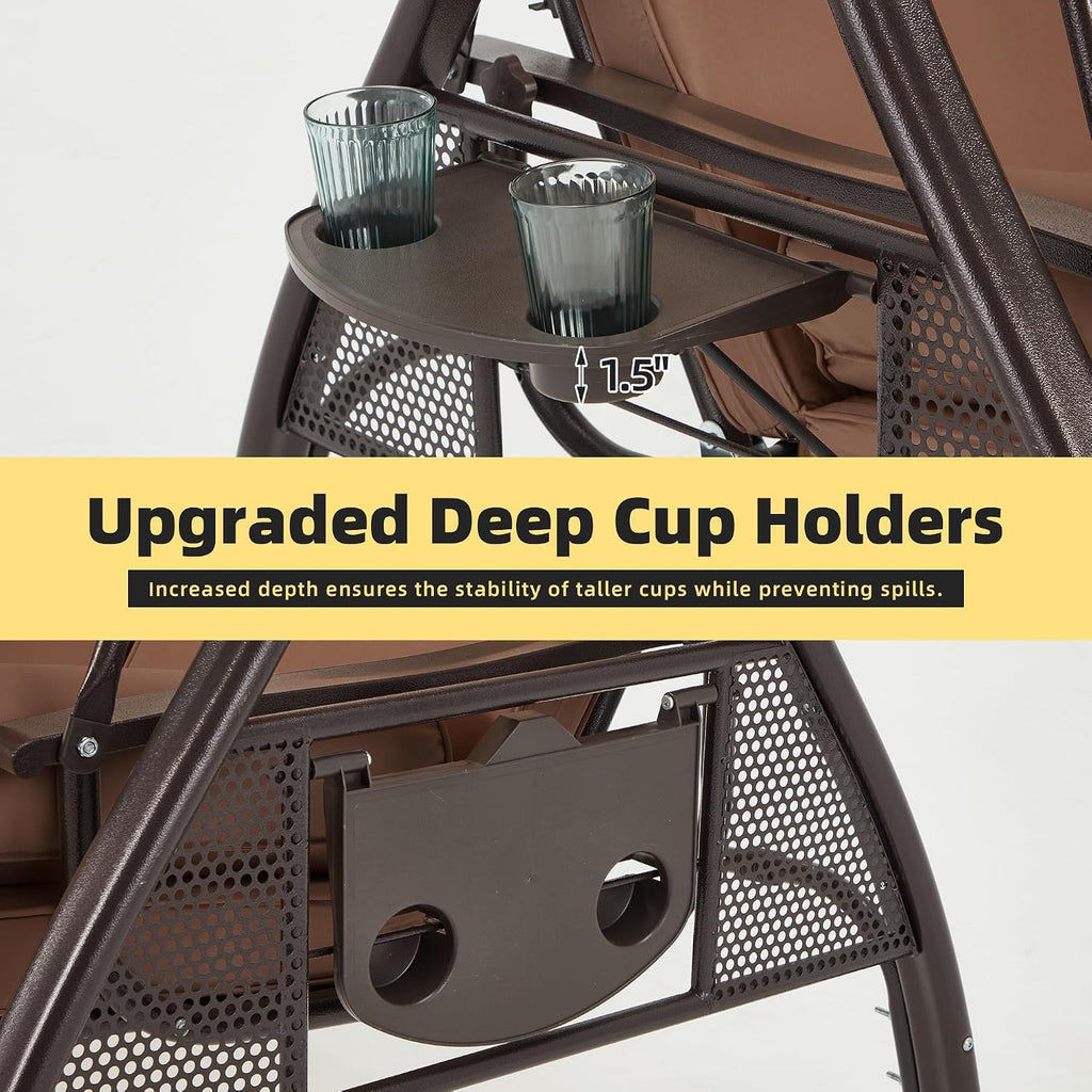 HOMREST 3 Person Outdoor Porch Swing with 1.5' Upgraded Cup Holder, Adjustable Canopy, Backrest, Patio Swing Bed with Weather Resistant Steel Frame, Cushions for Garden,Deck and Poolside(Brown)