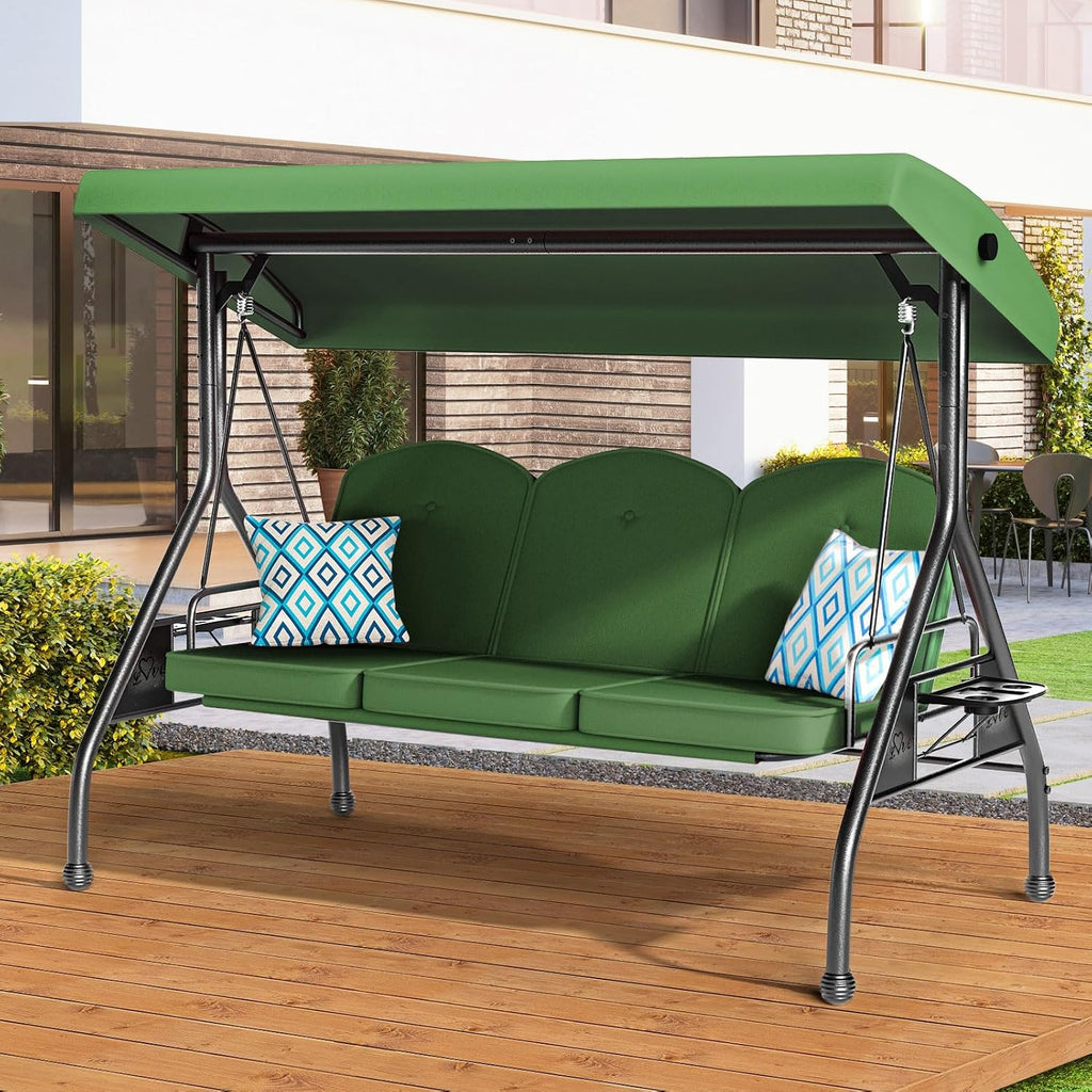 ZZW 3 Seat Outdoor Porch Patio Swing with Stand 800lbs 2-in-1 Convertible Swing Bed with Adjustable Canopy & Removable Cushion for Yard Garden Deck (Green, Round Tube)