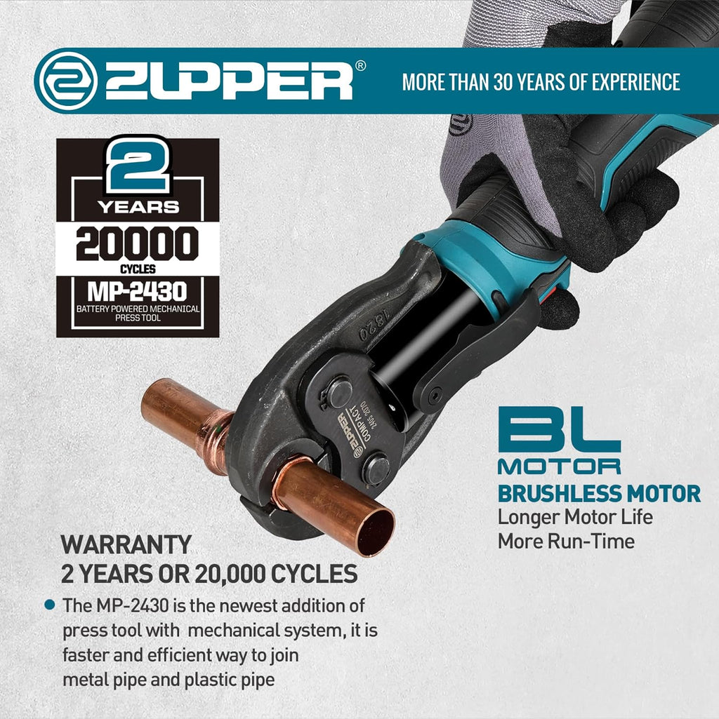 ZUPPER Press Tool, 18V Electric Pipe Crimping Tool for 1/2' to 1-1/4' Copper Pipes, Compact Press Tool Kit Suitable for Copper ProPress fittings - with Brushless Motor, 4 VUS Press Jaws, 2pcs Battery