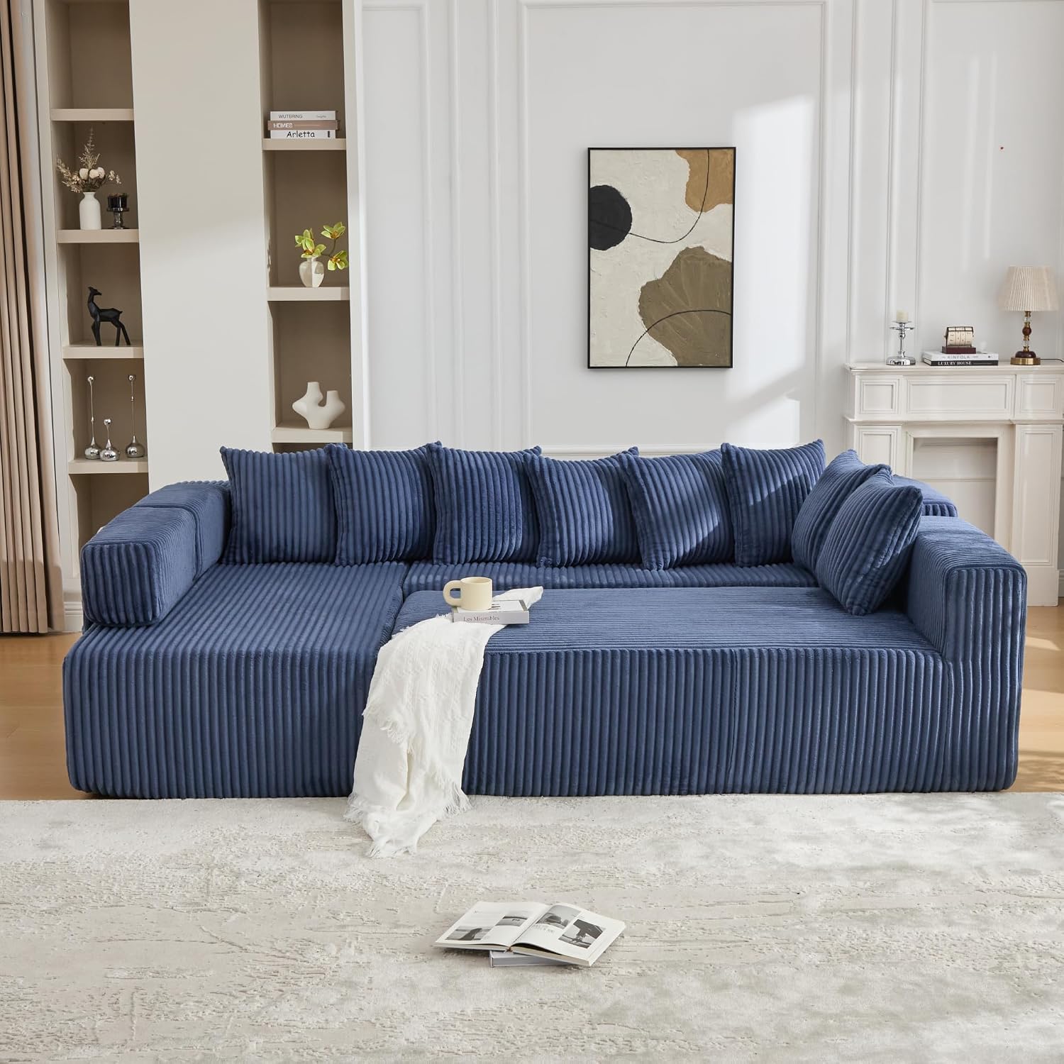 Oversized Cloud Boneless Couch with Chaise, 146' Modern U Shape Modular Deep Seat Sectional Sofa, Comfy Corduroy Upholstered Couches for Living Room, No Assembly Required-Blue