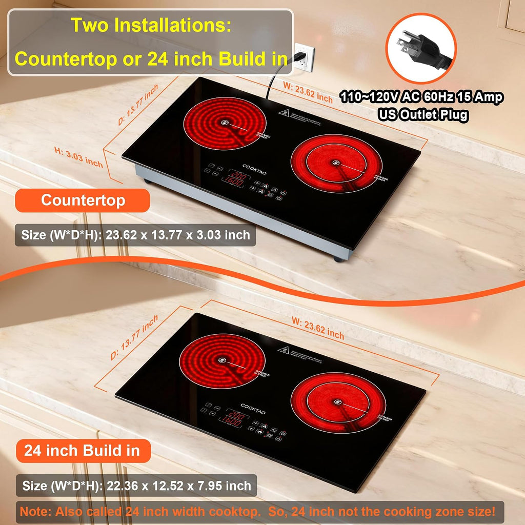 Dual Coils Design of Double Burner Electric Cooktop, 1800W Commercial Ceramic Infrared Cooking Hot Plate, Portable Countertop or 24in Built-in Radiant Stove Top Cooker with WATT n TEMP Heating Control