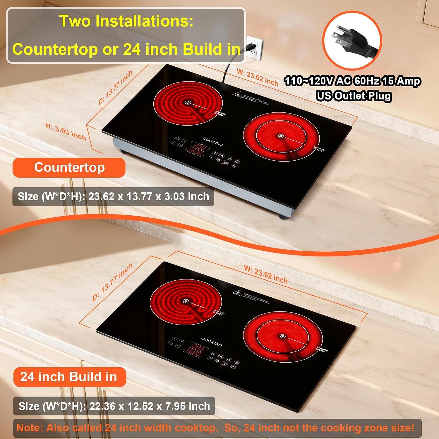 Dual Coils Design of Double Burner Electric Cooktop, 1800W Commercial Ceramic Infrared Cooking Hot Plate, Portable Countertop or 24in Built-in Radiant Stove Top Cooker with WATT n TEMP Heating Control