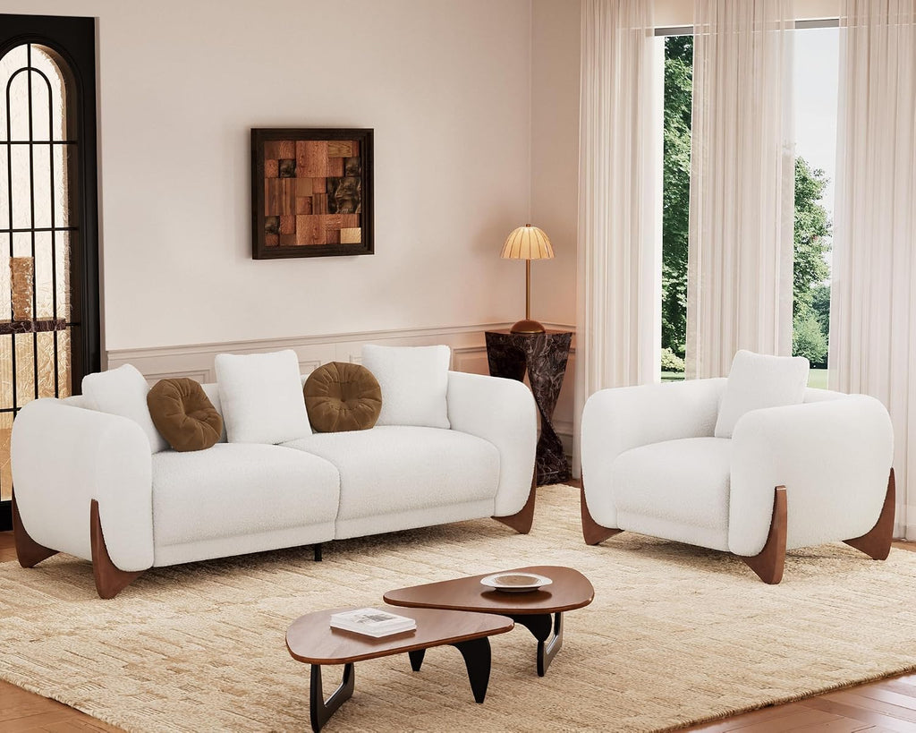 Morden Fort Sherpa Boucle Couch Armchair Single, Modern Sofa Upholstered Deep Chair with Soft Throw Pillow Skin-Friendly Minimalist Accent Chair Compatible with Sofa Set Couch for Living Room, White