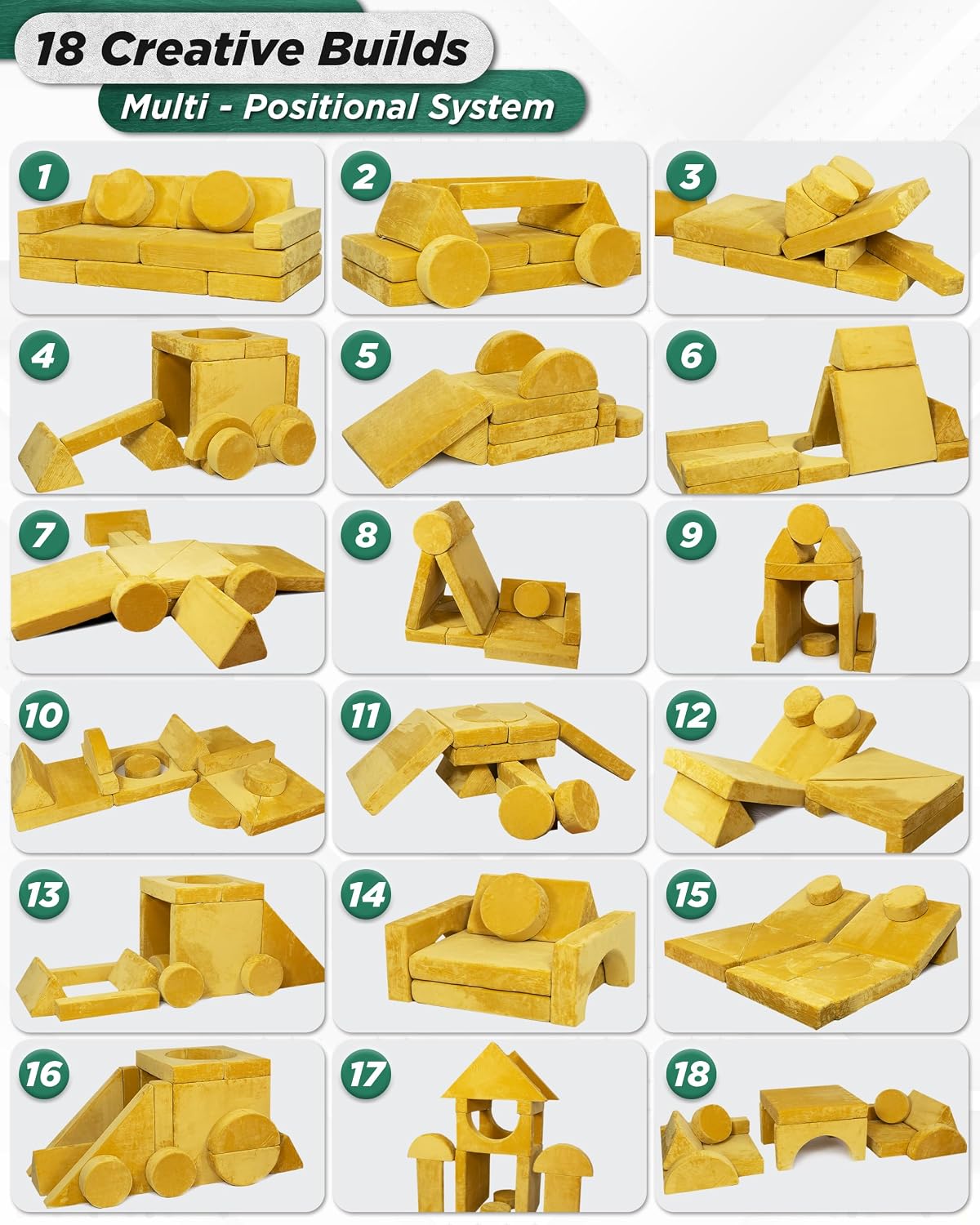 Lunix LX15 14pcs Modular Kids Play Couch, Child Sectional Sofa, Fortplay Bedroom and Playroom Furniture for Toddlers, Convertible Foam and Floor Cushion for Boys and Girls, Amber Yellow