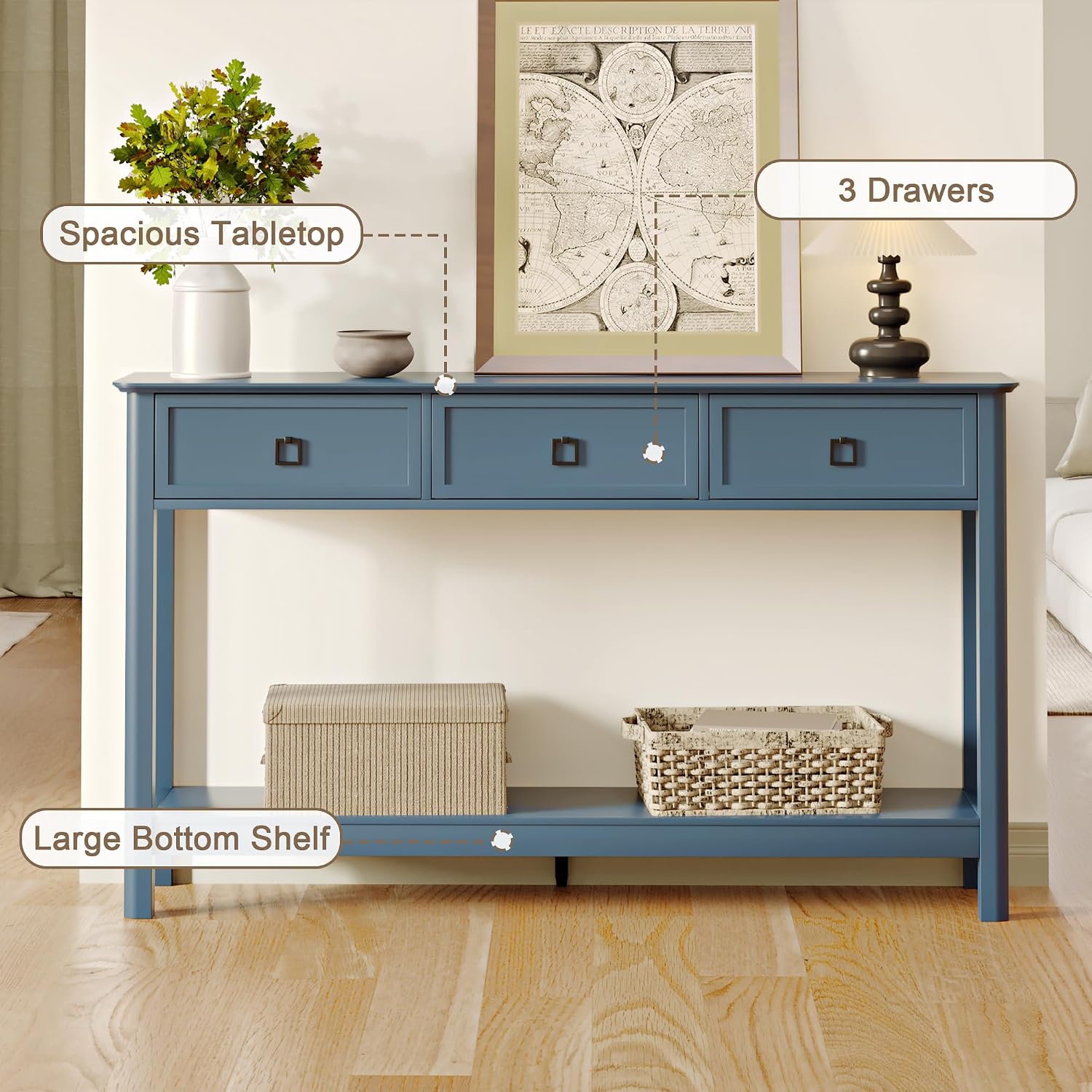 Treocho 53.1' Console Table with 3 Drawers, Modern Entryway Table, 2-Tier Narrow Long Sofa Table Behind Couch Table for Living Room, Hallway, Blue