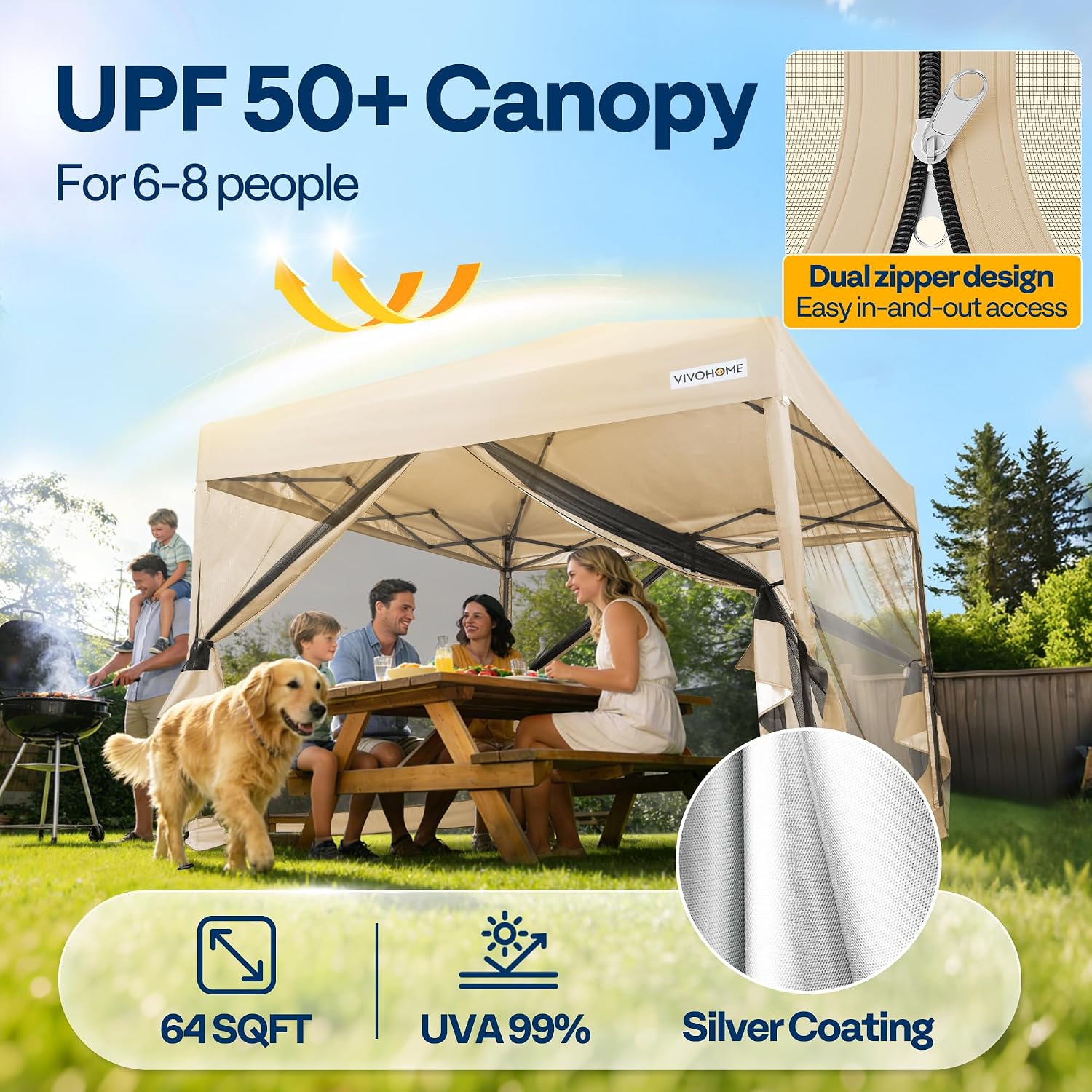 VIVOHOME 8x8ft Easy Pop-Up Canopy, Outdoor Screen Tent with Mosquito Netting, 2 Zipper Doors, and Roller Bag for Yard Camping Picnic Party Events, Beige