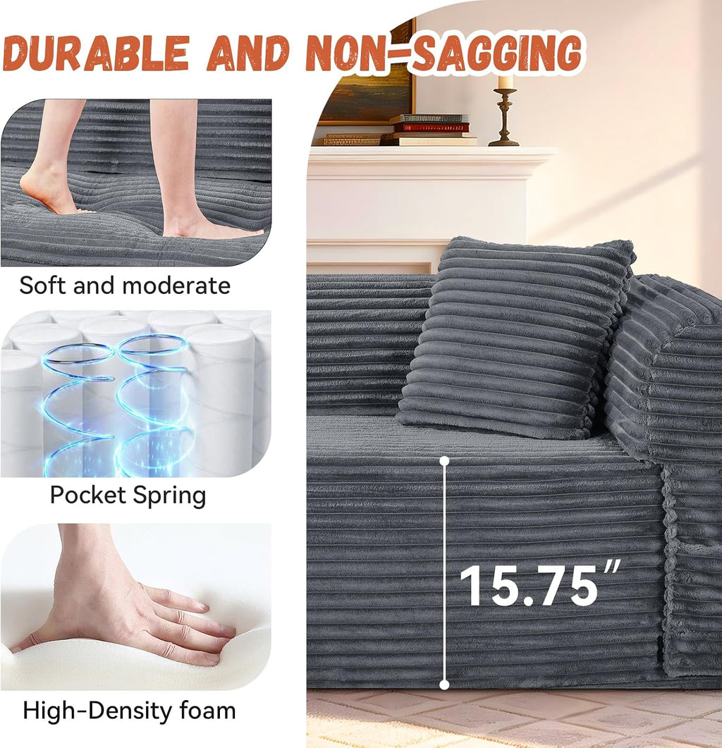 3 Seater Sofa Couch for Living Room (Gray, 30' D + 2 Pillows +Fixed-Shape Frame)