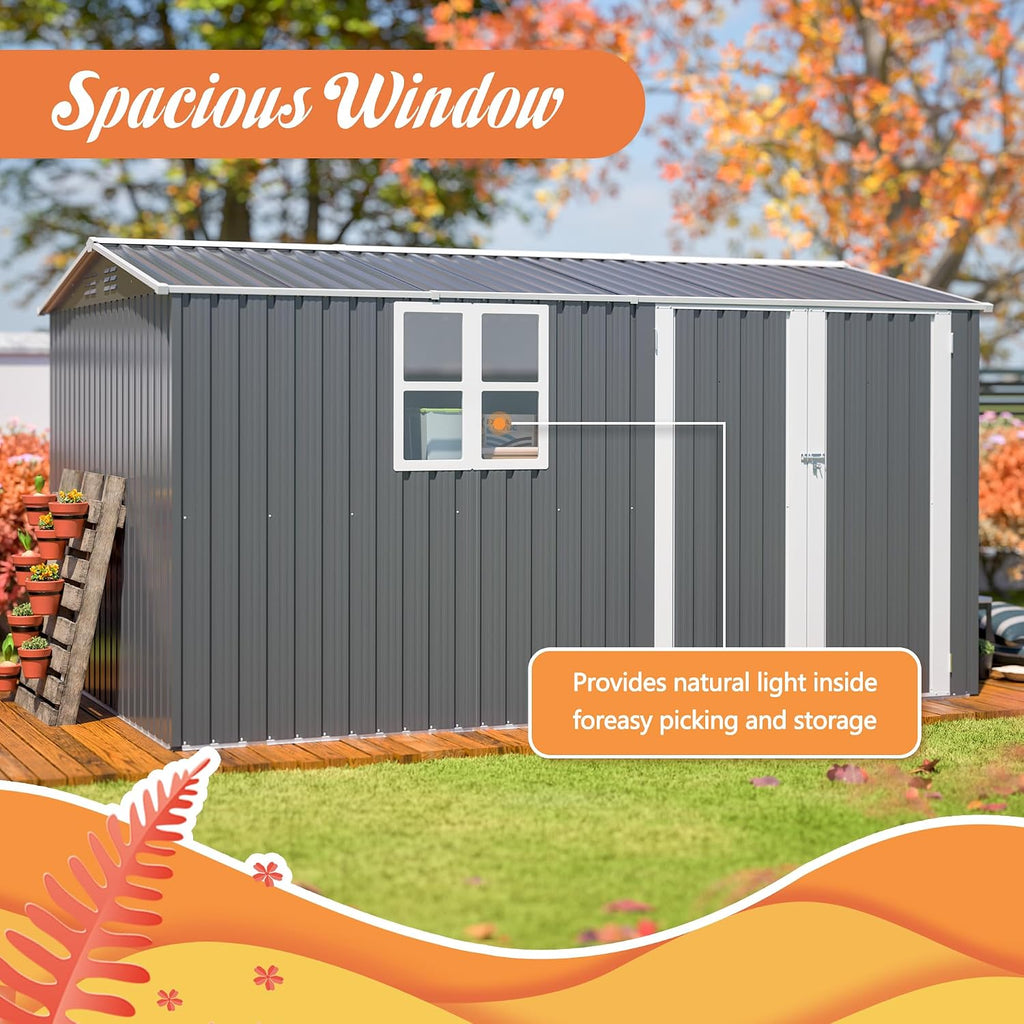 8X12 FT Outdoor Storage Shed,Metal Shed with Window,Floor Frame & Lockable Door,Garden Tool House with Vents & Sloped Roof,Waterproof Outside Storage Building for Backyard, Patio