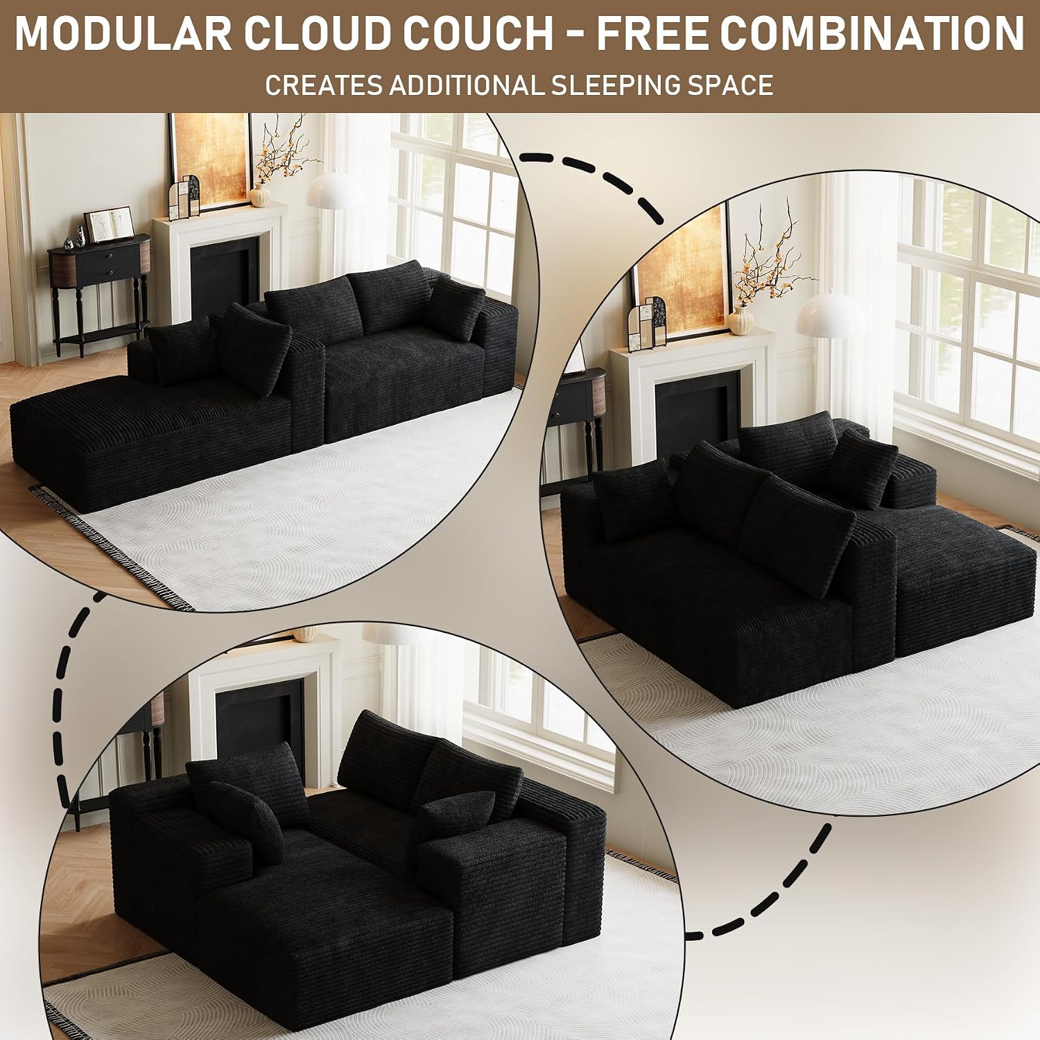 Cloud Sectional Couch Modular Sectional Sofa, 95.5' Comfy Fluffy Black L Shaped Boneless Couches for Living Room, Deep Seat Plush Corduroy Memory Foam Couch with Right Facing Chaise Sofa