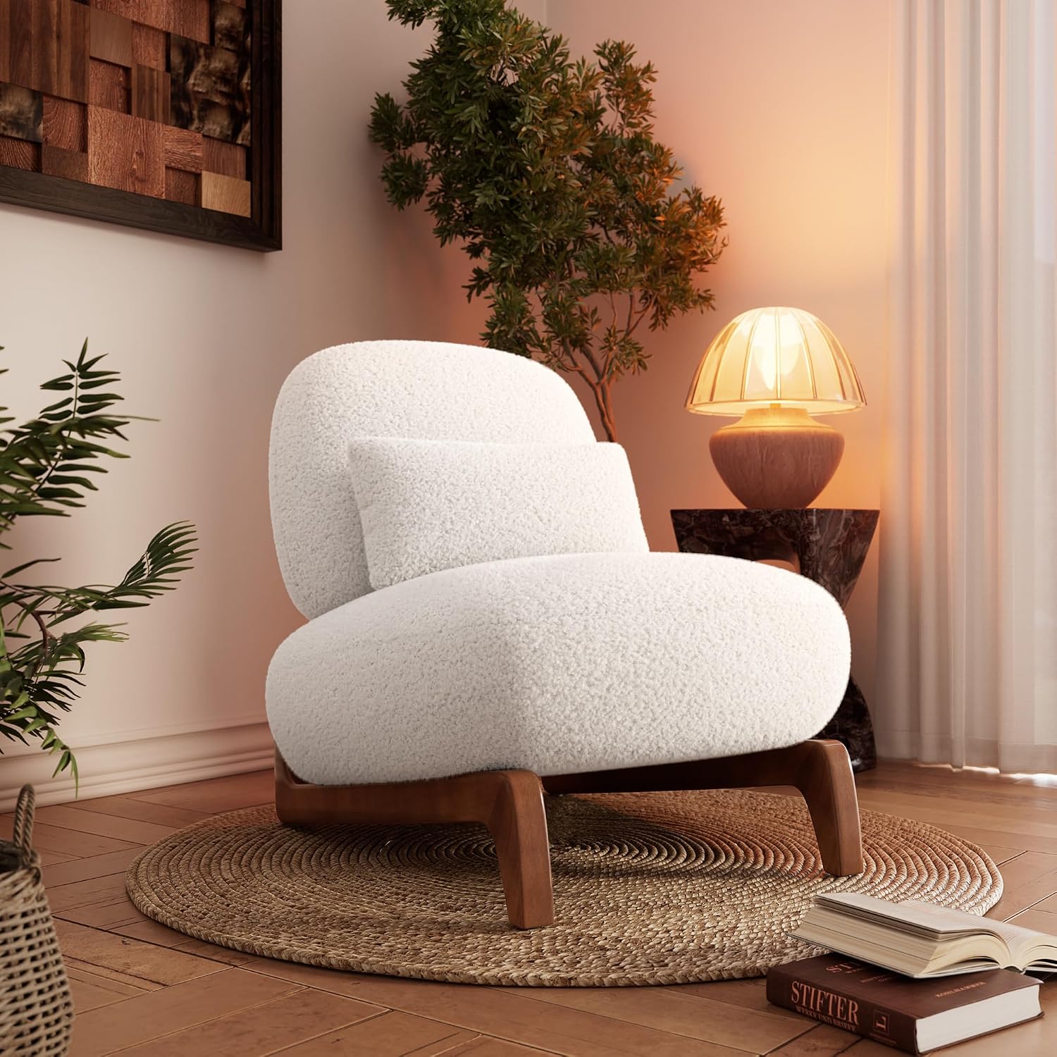 Morden Fort Cloud Boucle Chairs - Modern Accent Chairs Set of 2, Sturdy Tilted Wood Legs with Thick Cushion Comfy Lumbar Pillow Armless Reading Chairs for Living Room Lounge Bedroom - Off White