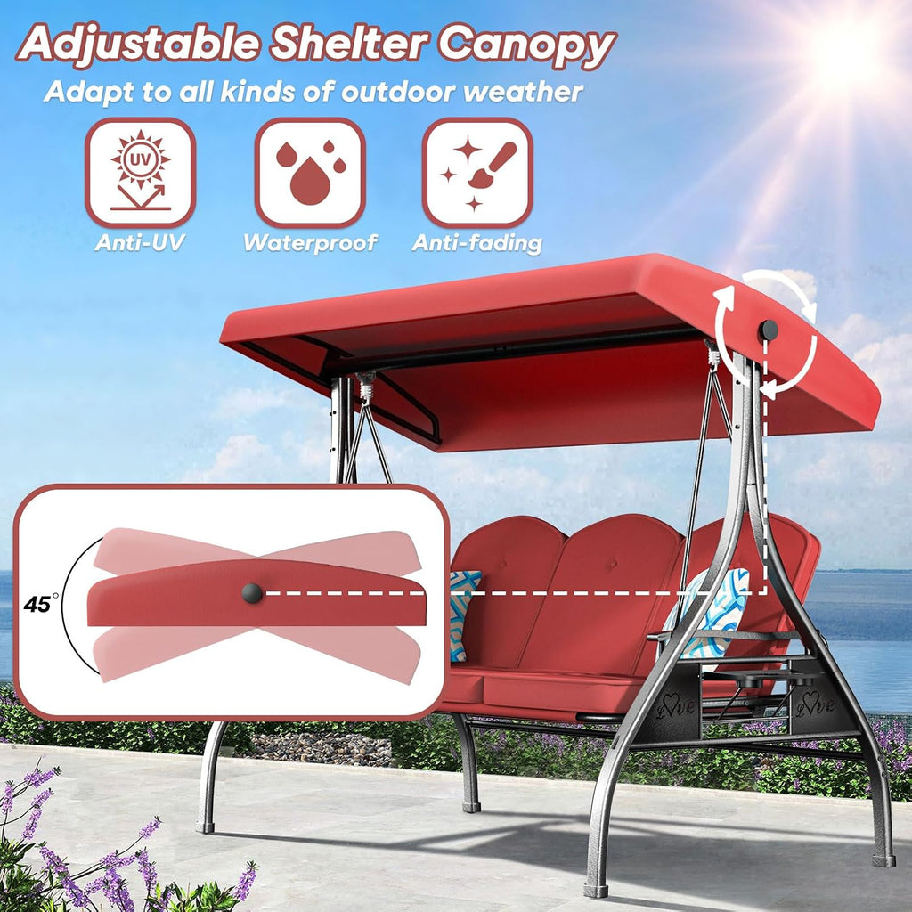 ZZW 3 Seat Outdoor Porch Patio Swing with Stand 800lbs 2-in-1 Convertible Swing Bed with Adjustable Canopy & Removable Cushion for Yard Garden Deck (Red, Square Tube)