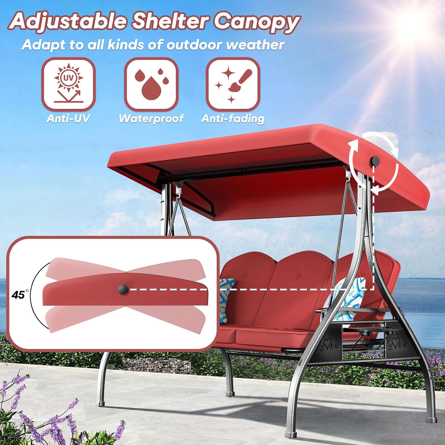 ZZW 3 Seat Outdoor Porch Patio Swing with Stand 800lbs 2-in-1 Convertible Swing Bed with Adjustable Canopy & Removable Cushion for Yard Garden Deck (Red, Square Tube)