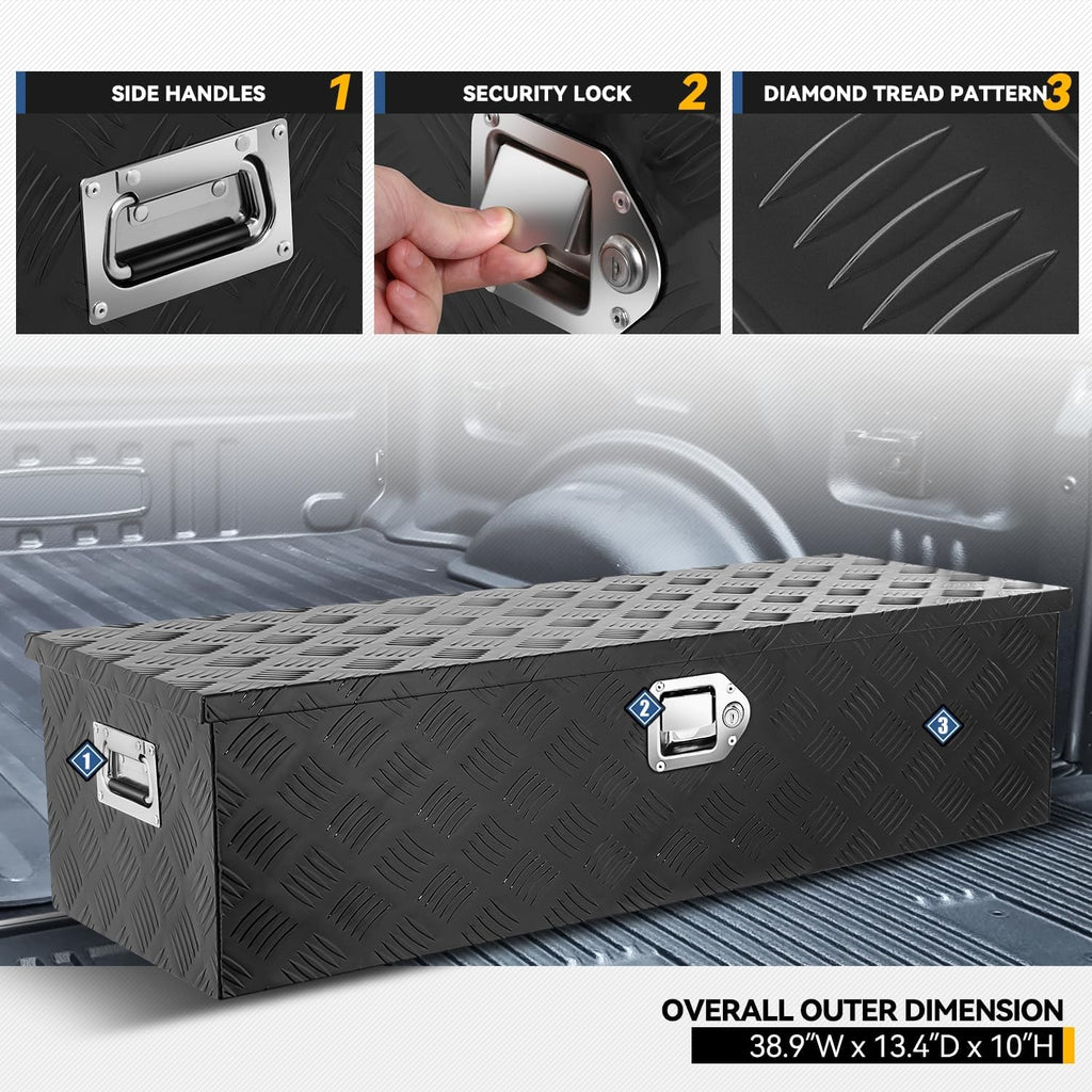 Heavy Duty Aluminum Diamond Plate Tool Box for Pick Up Truck Bed RV Trailer Toolbox Waterproof Square Storage Organizer with Side Handle, 38.9'' W x 13.4'D x 10.0'H, Lock and Keys - Black
