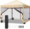 VIVOHOME 10x10ft Easy Pop-Up Canopy, Outdoor Screen Tent with Mosquito Netting, 2 Zipper Doors, and Roller Bag for Yard Camping Picnic Party Events, Beige