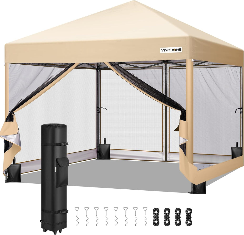VIVOHOME 8x8ft Easy Pop-Up Canopy, Outdoor Screen Tent with Mosquito Netting, 2 Zipper Doors, and Roller Bag for Yard Camping Picnic Party Events, Beige