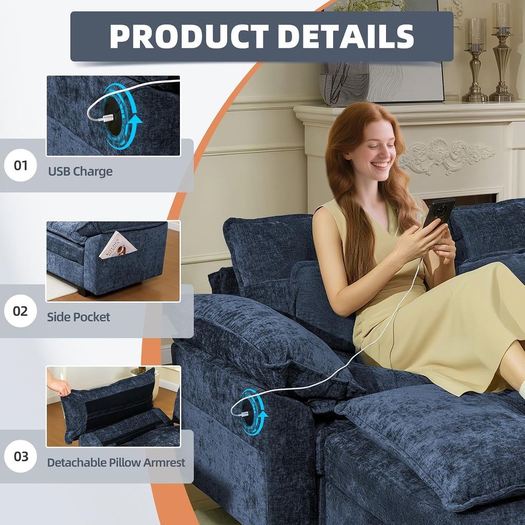 108' Modular Sectional Sofa, Comfy Cloud Couch with Ottoman & USB Port for Living Room, L Shaped Modern Chenille Couches for Bedroom, Apartment, Blue