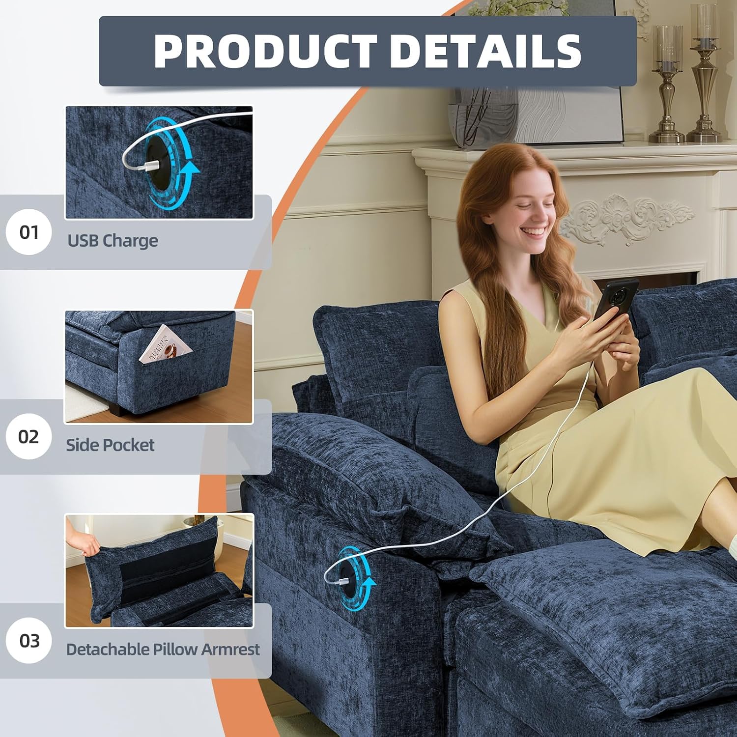 108' Modular Sectional Sofa, Comfy Cloud Couch with Ottoman & USB Port for Living Room, L Shaped Modern Chenille Couches for Bedroom, Apartment, Blue