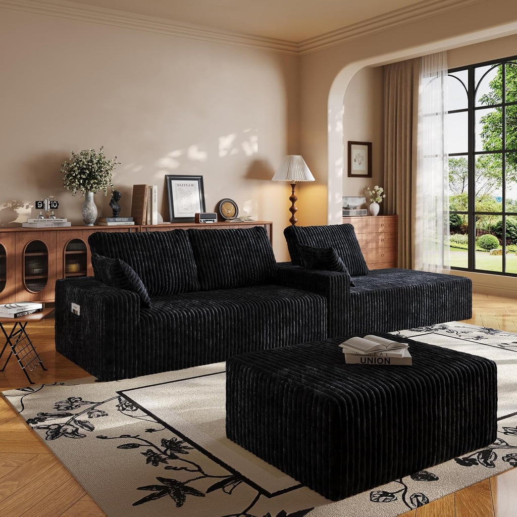 108' U-Shape Modular Sectional Cloud Couch with Ottoman, Deep Seat Boneless Couch with Oversized Chaise Lounge, Comfy Flannel Fabric Sofa for for Living Room Bedroom Apartment Game Room Basement