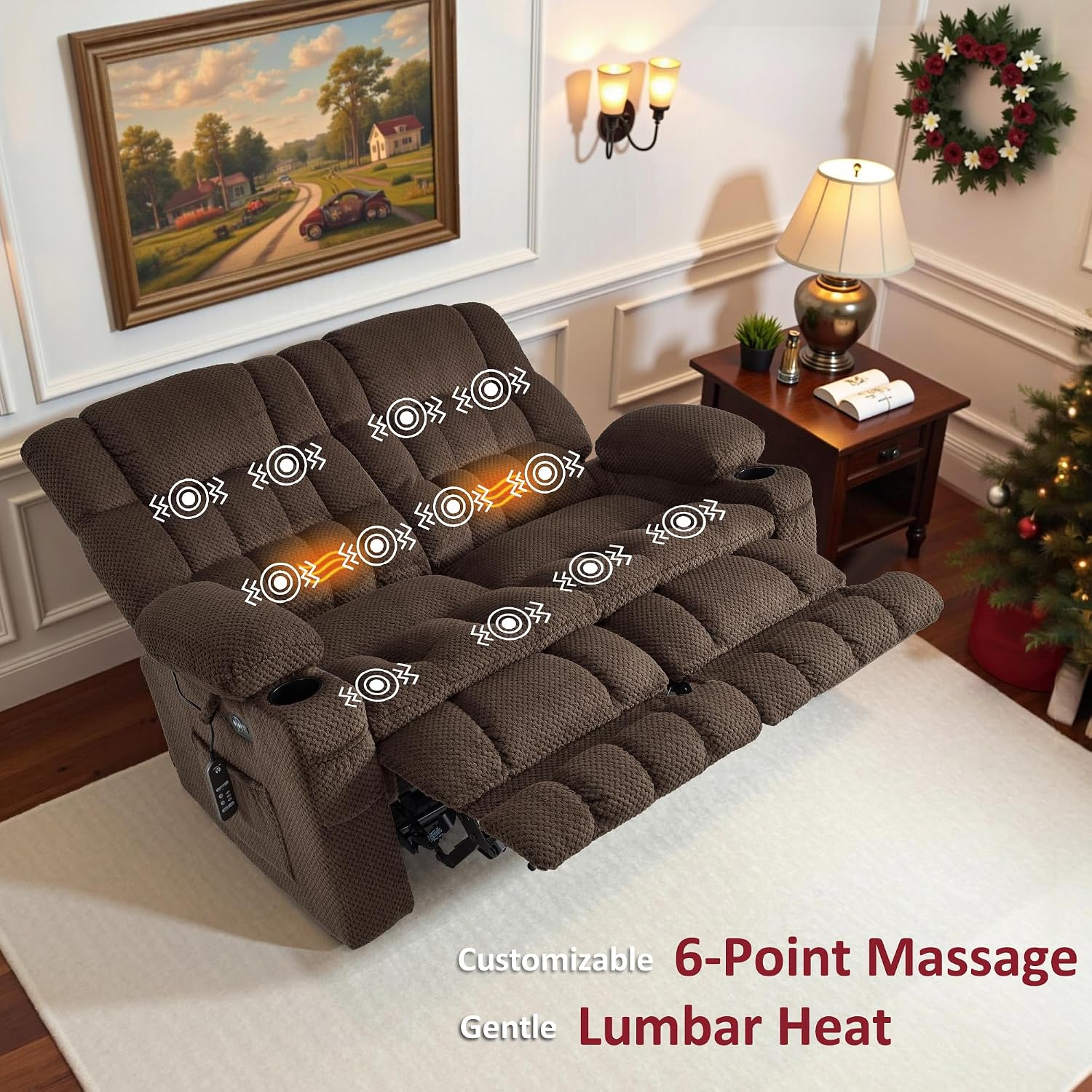 MCombo 57' Reclining Loveseat with Heat and Massage, Zero Gravity Recliner Loveseat Sofa with Dual USB Charging Ports for Living Room, Fabric 6314 (Brown)