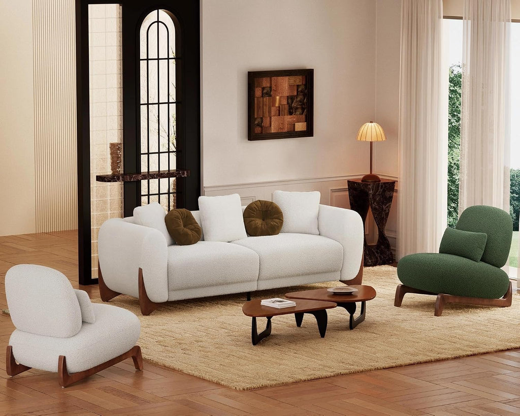 Morden Fort Modern Boucle Armless Accent Chair, Tilted Wood Legs, Thick Cushion, Lumbar Pillow, Off White, Living Room