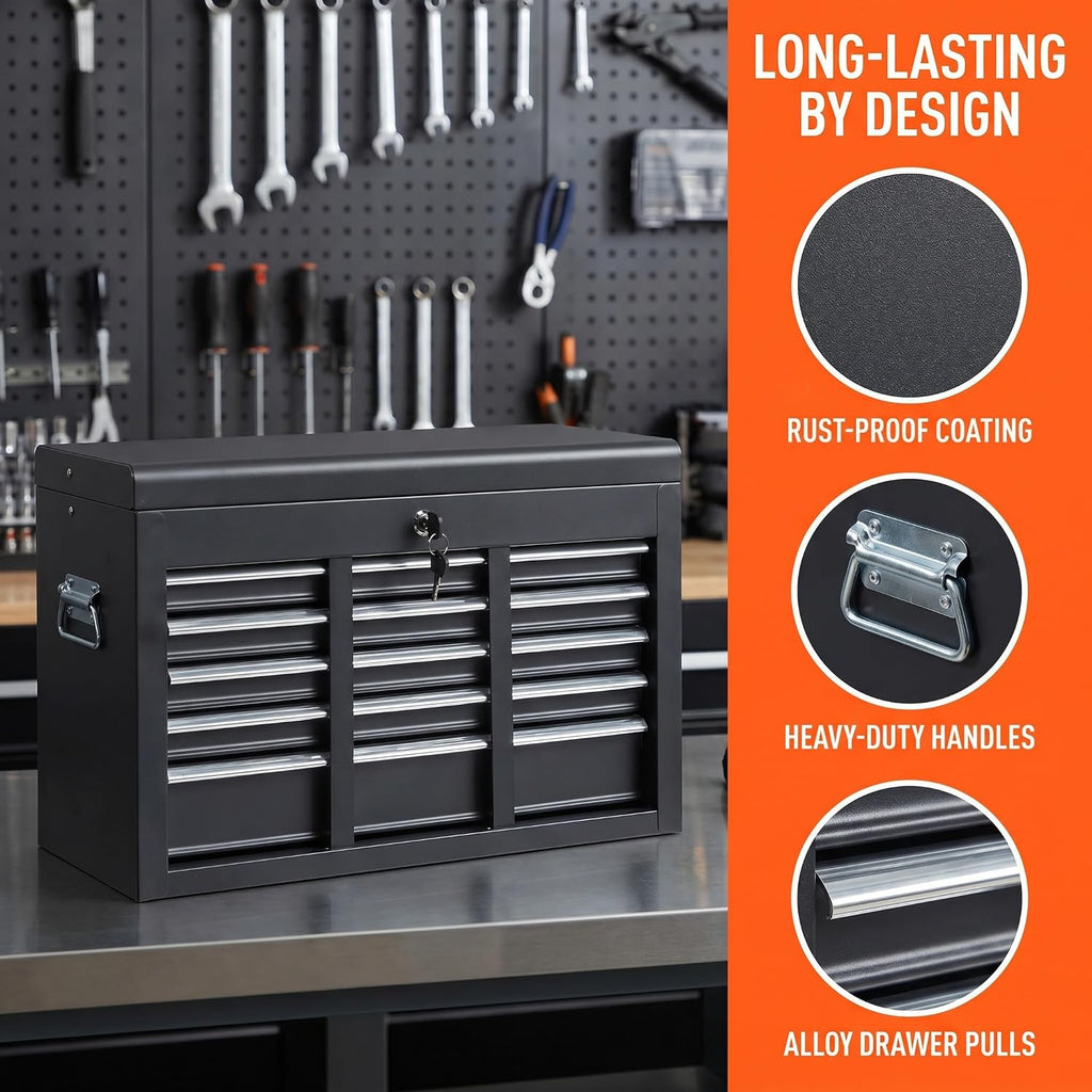Winado 24' Portable Metal Tool Box, 5 Drawers Toolbox with Top Storage Tray, Carry Handle, Ball Bearing Runners, Lockable Tool Chest Cabinet for Garage, Warehouse, Repair Shop & Home, Black
