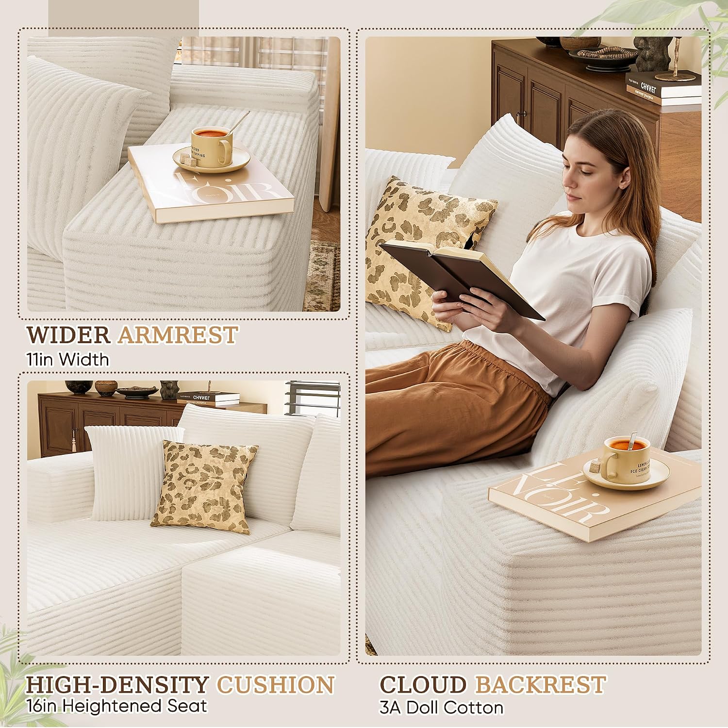 YESHOMY Boneless Couches for Living Room, 108' Sectional Modular Sectional Sofa with Deep Seat, Cloud Comfy Couch with L-Shape Chaise, Easy Assembly (Corduroy, Cream)