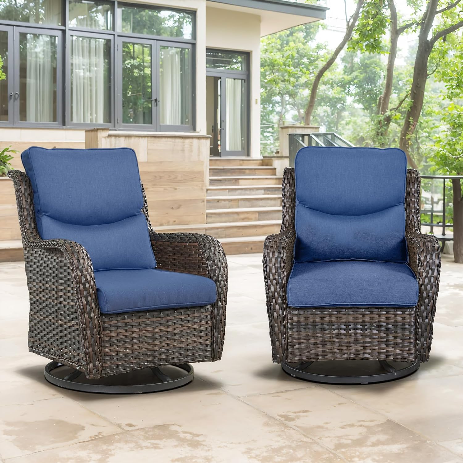 Swivel Patio Chairs Set of 2 with 5' Thick Cushion - Wicker Outdoor Swivel Rocker Patio Chairs, High Back Comfortable Outdoor Glider Chair for Balcony, Porch, Deck, Poolside - Brown/Blue