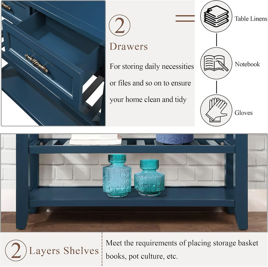 LKTART Solid Wood Console Table Entryway Table with Storage Drawers and Shelves Sofa Table for Entry Hallway Foyer,Behind the Couch Table(42' Navy Blue)