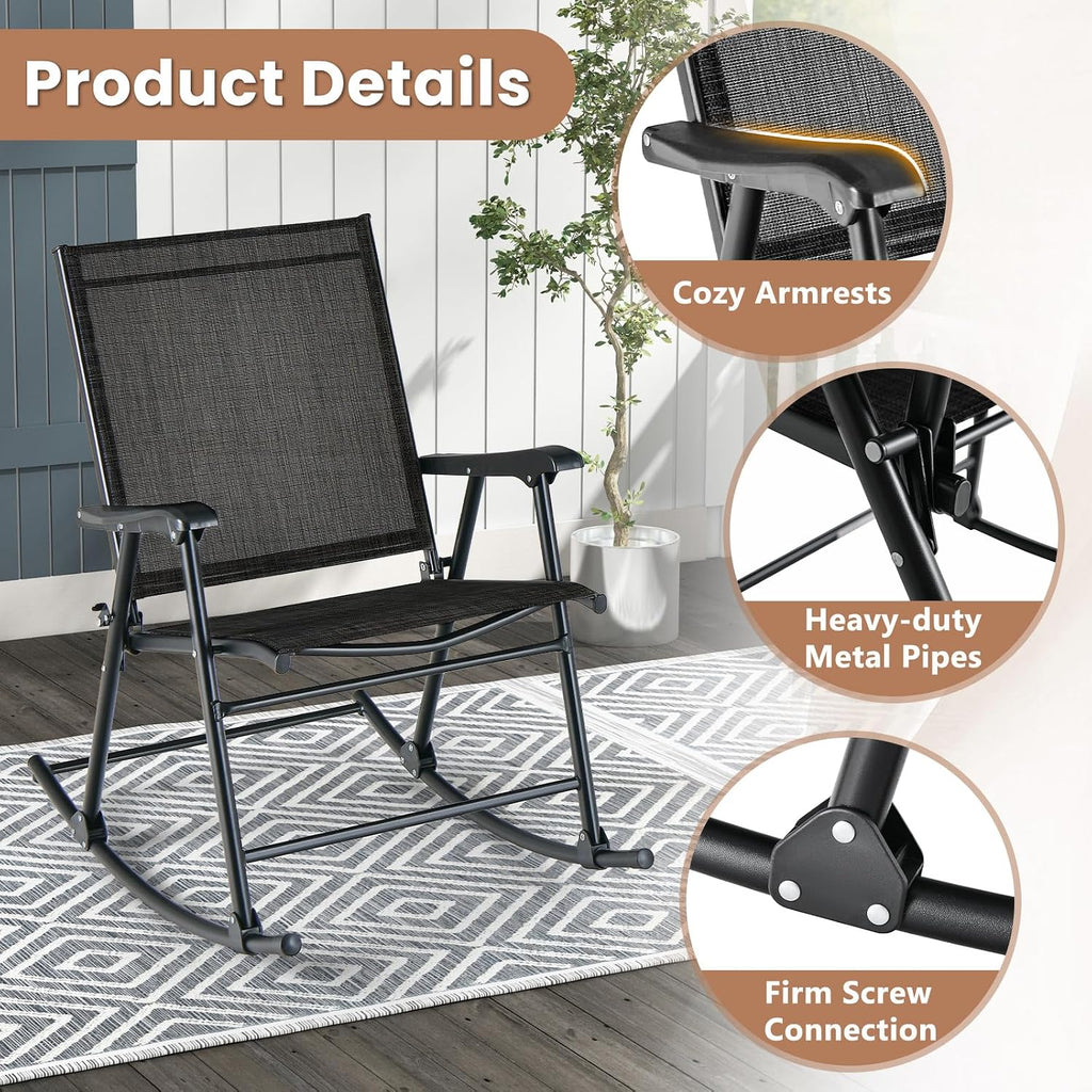 Tangkula Folding Rocking Chairs Set of 2, Patio Rockers with Breathable Seat Fabric & Sturdy Metal Frame, Smooth Rocking Motion, Heavy-Duty Outdoor Rocker for Backyard, Front Porch, Poolside