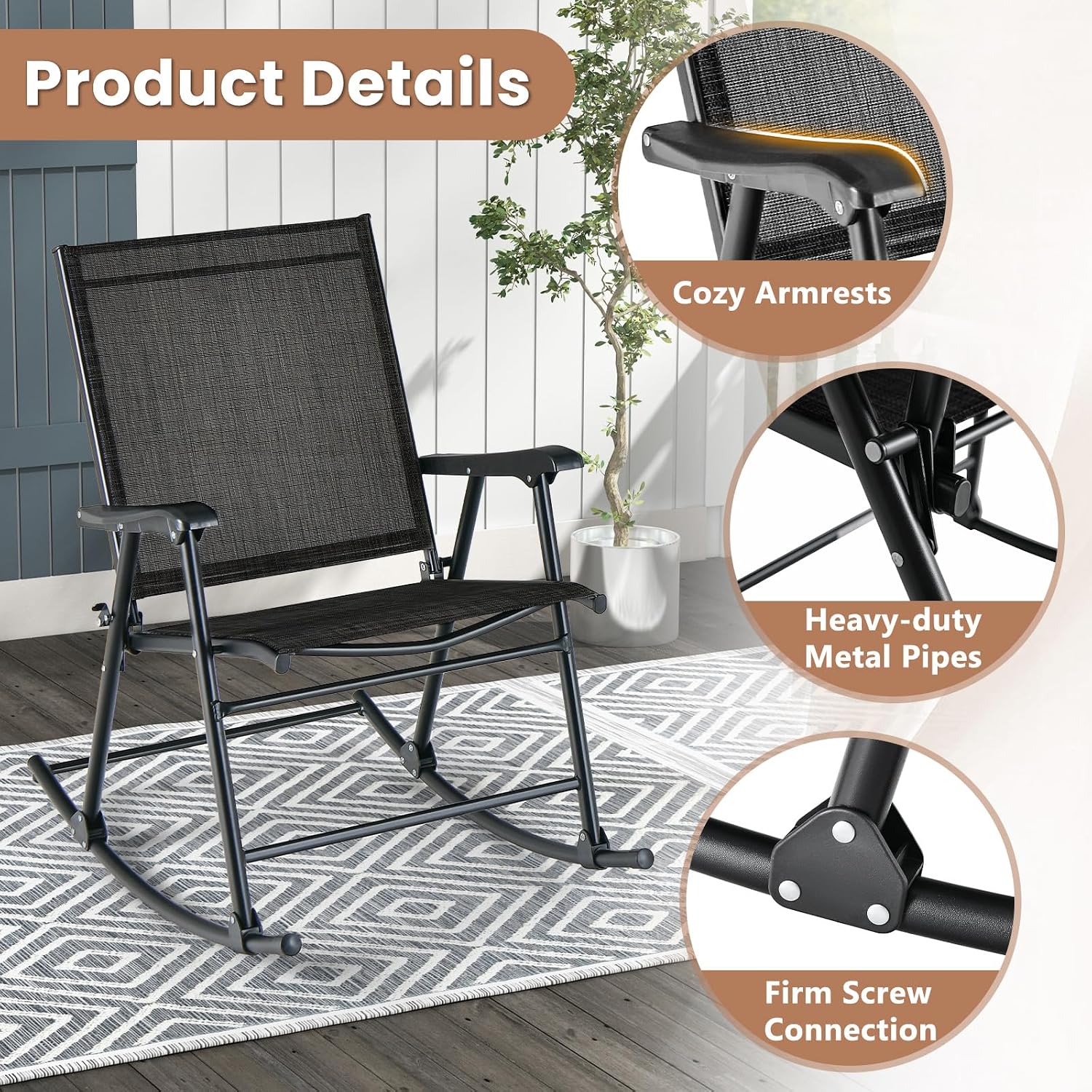 Tangkula Folding Rocking Chairs Set of 2, Patio Rockers with Breathable Seat Fabric & Sturdy Metal Frame, Smooth Rocking Motion, Heavy-Duty Outdoor Rocker for Backyard, Front Porch, Poolside