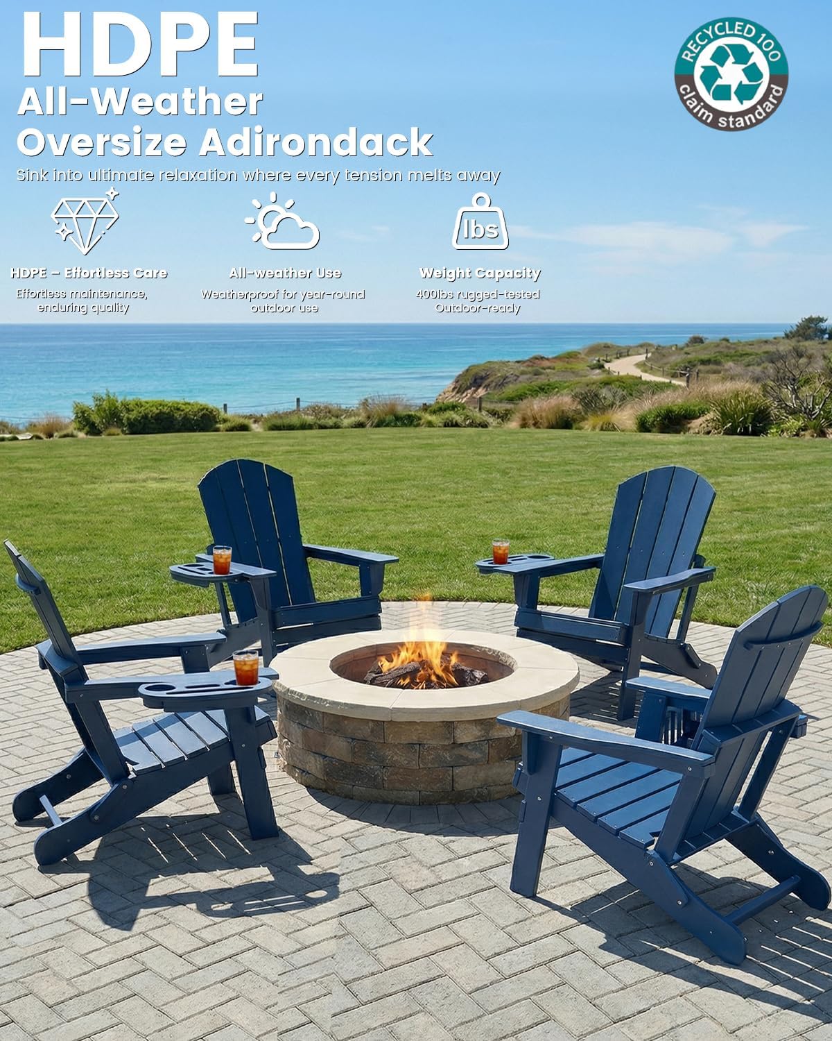 FOOWIN Folding Adirondack Chair Set of 2, HDPE Adirondack Chairs with Cup Holder, Weather Resistant Plastic Fire Pit Chairs for Outdoor, Patio, Lawn, Garden, Backyard, Deck, Dark Blue