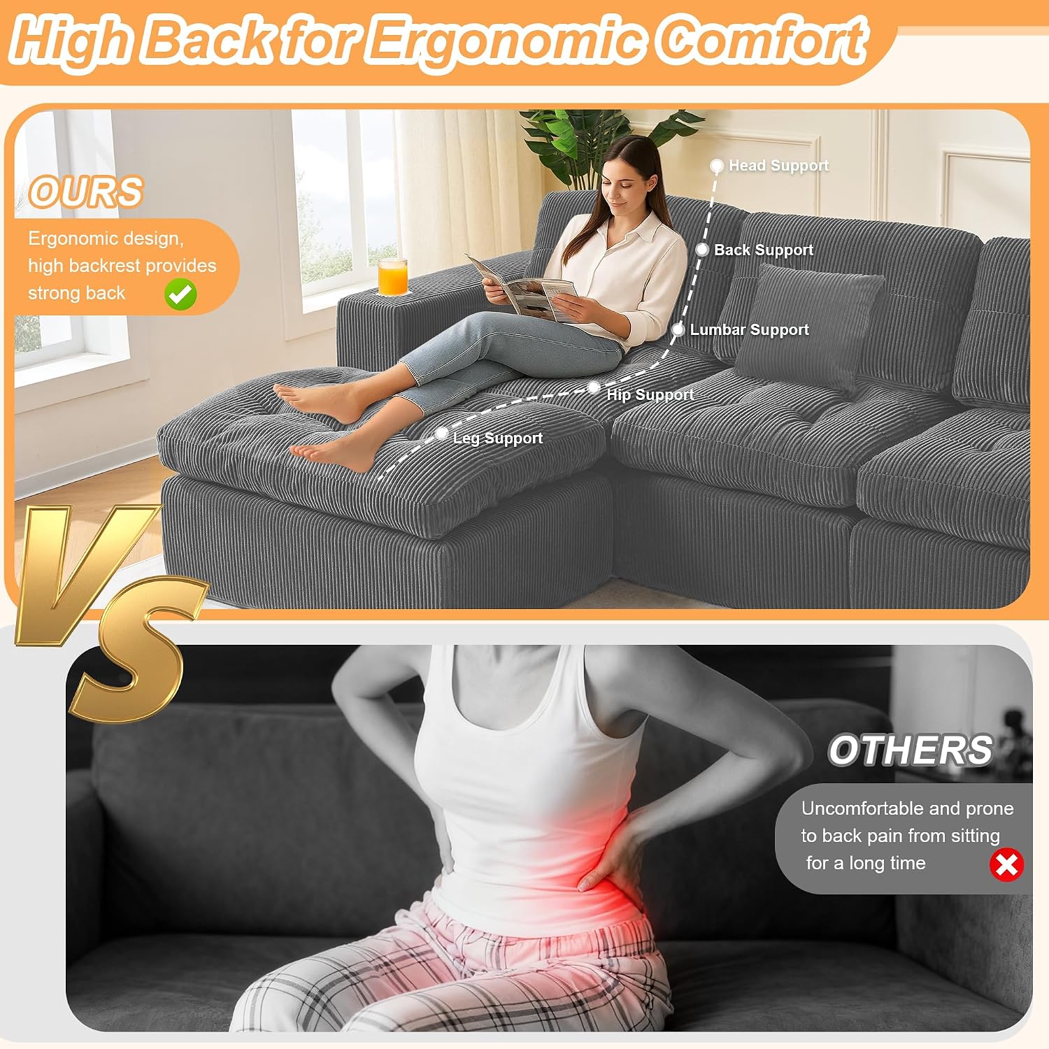 Black L Shaped Modular Cloud Sectional Sofa, Comfy 3 Seater Sectional Couches for Living Room with Cup Holders, Modern L Shape Sofa Set for Living Room Bedroom (Grey)